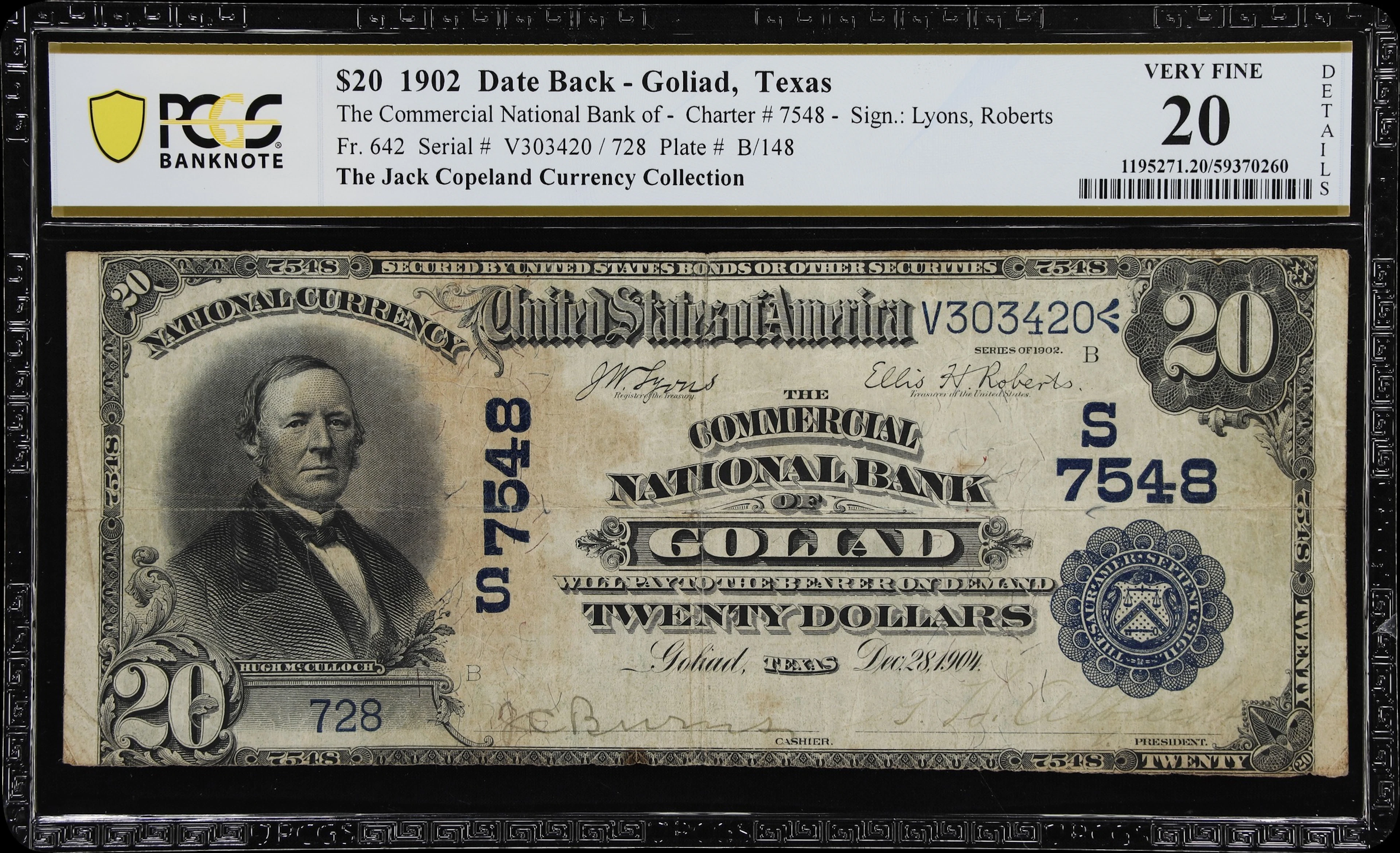 Goliad, Texas. $20 1902 Date Back. Fr. 642. Commercial NB. Charter