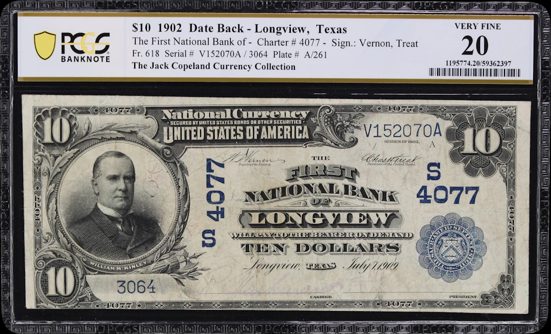 Longview, Texas. $10 1902 Date Back. Fr. 618. First NB. Charter #4077.