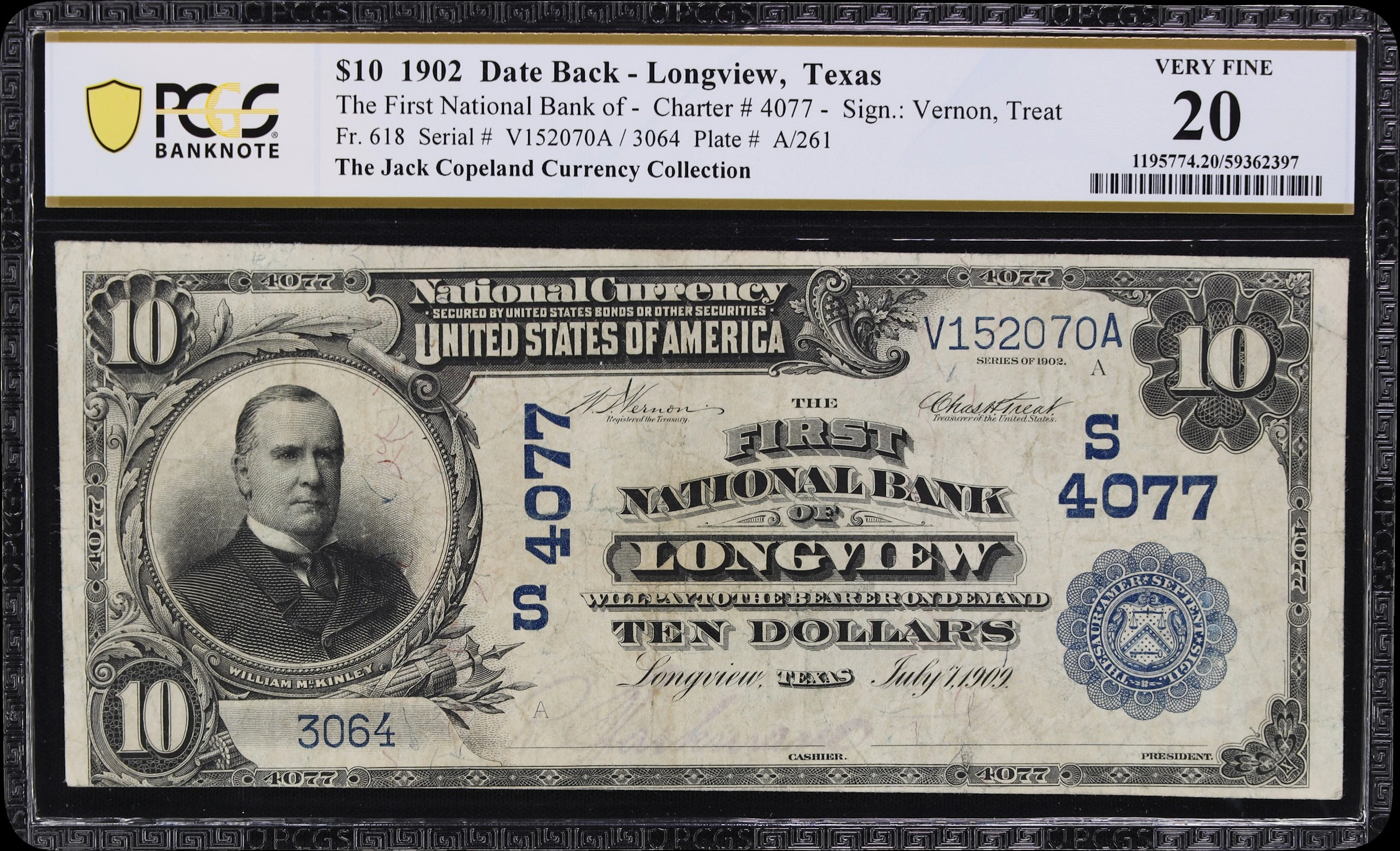 Longview, Texas. $10 1902 Date Back. Fr. 618. First NB. Charter #4077.