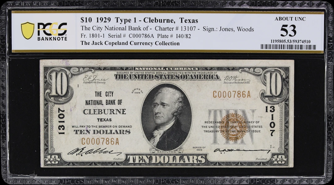 Cleburne, Texas. $10 1929 Ty. 1. Fr. 1801-1. City NB. Charter #13107.