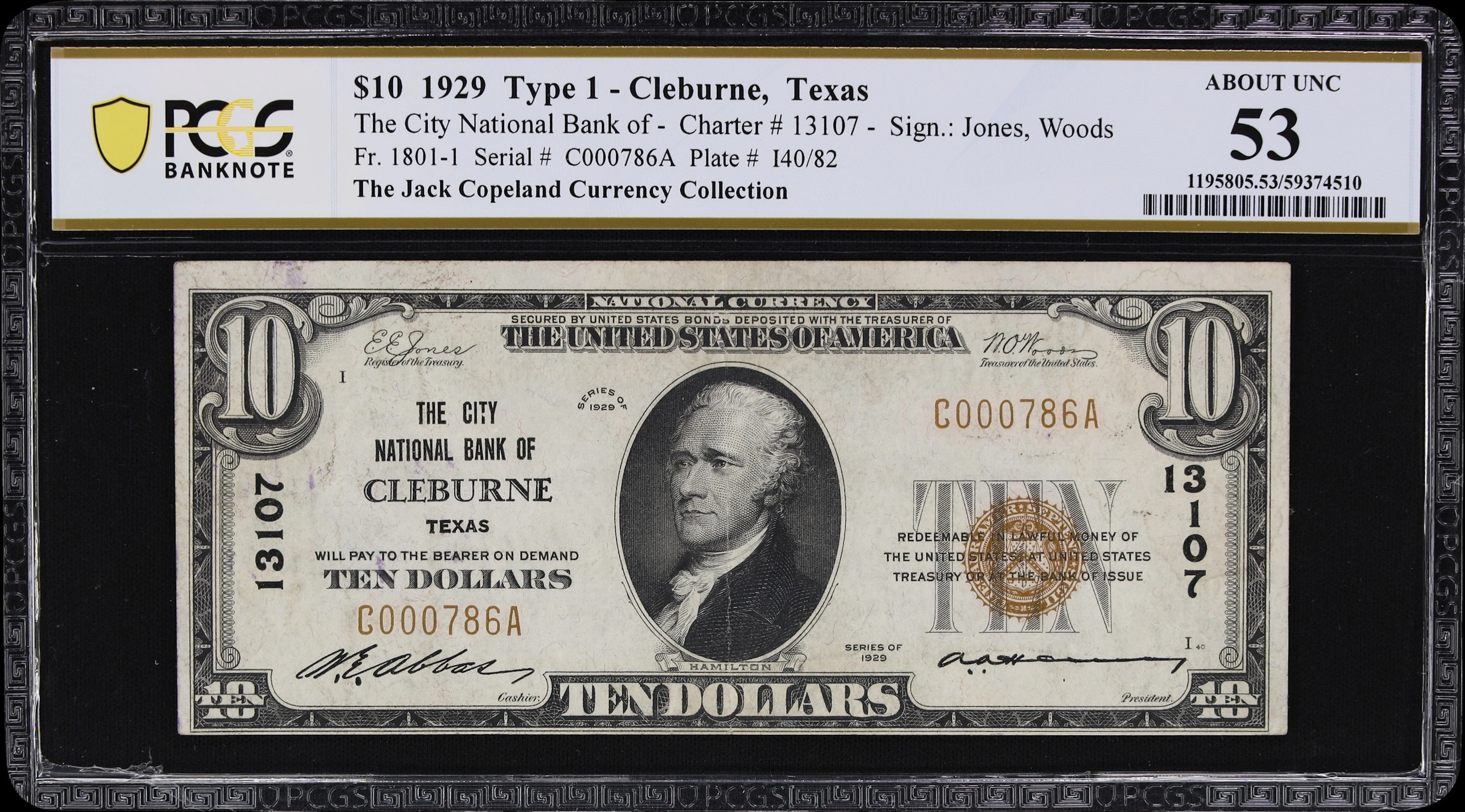 Cleburne, Texas. $10 1929 Ty. 1. Fr. 1801-1. City NB. Charter #13107.