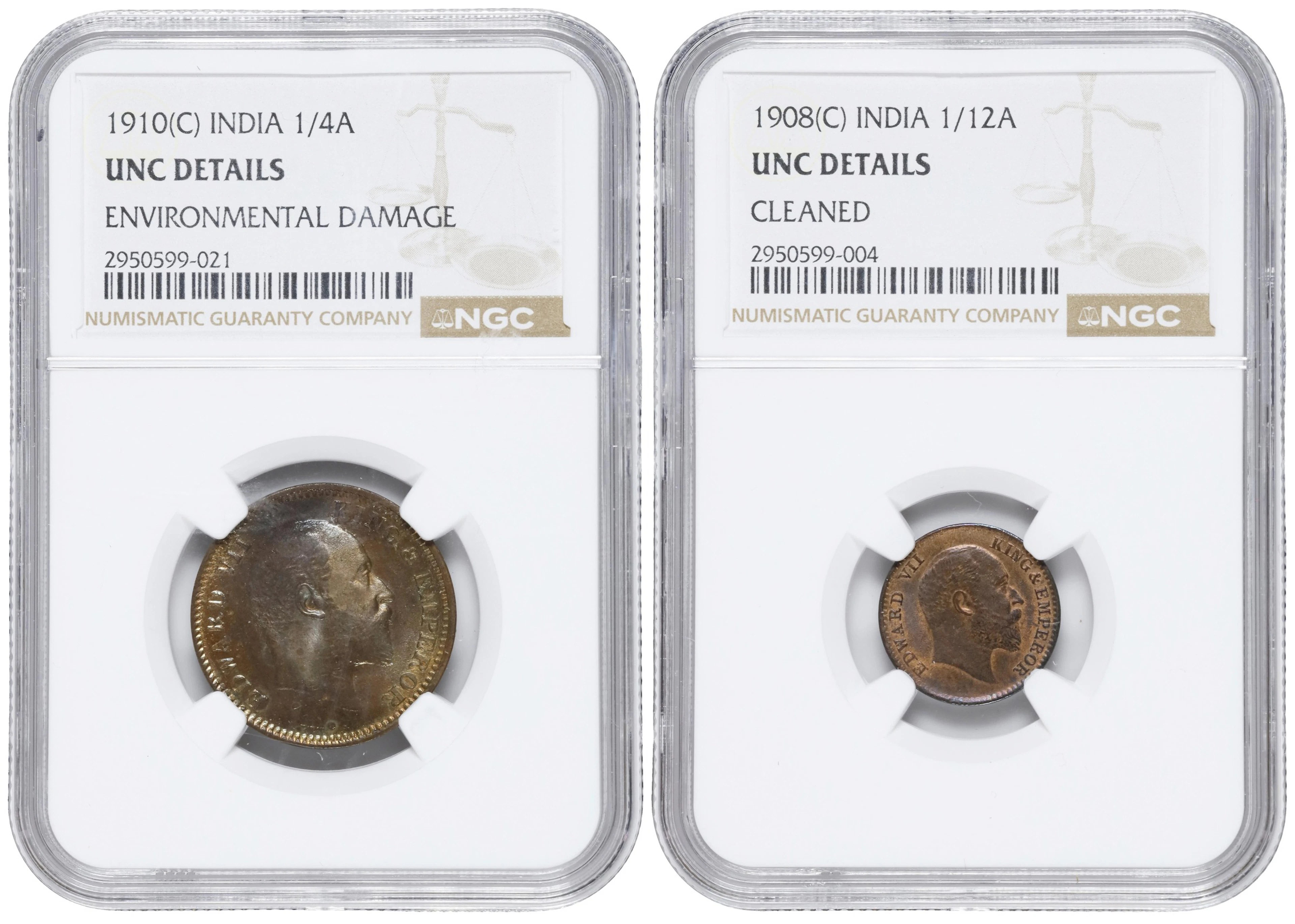 INDIA. Duo of Minor Denominations (2 Pieces), 1908 & 1910. Calcutta