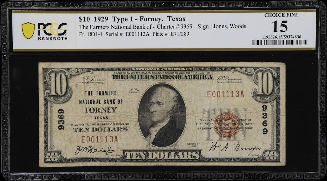 Forney, Texas. $10 1929 Ty. 1. Fr. 1801-1. Farmers NB. Charter #9369.