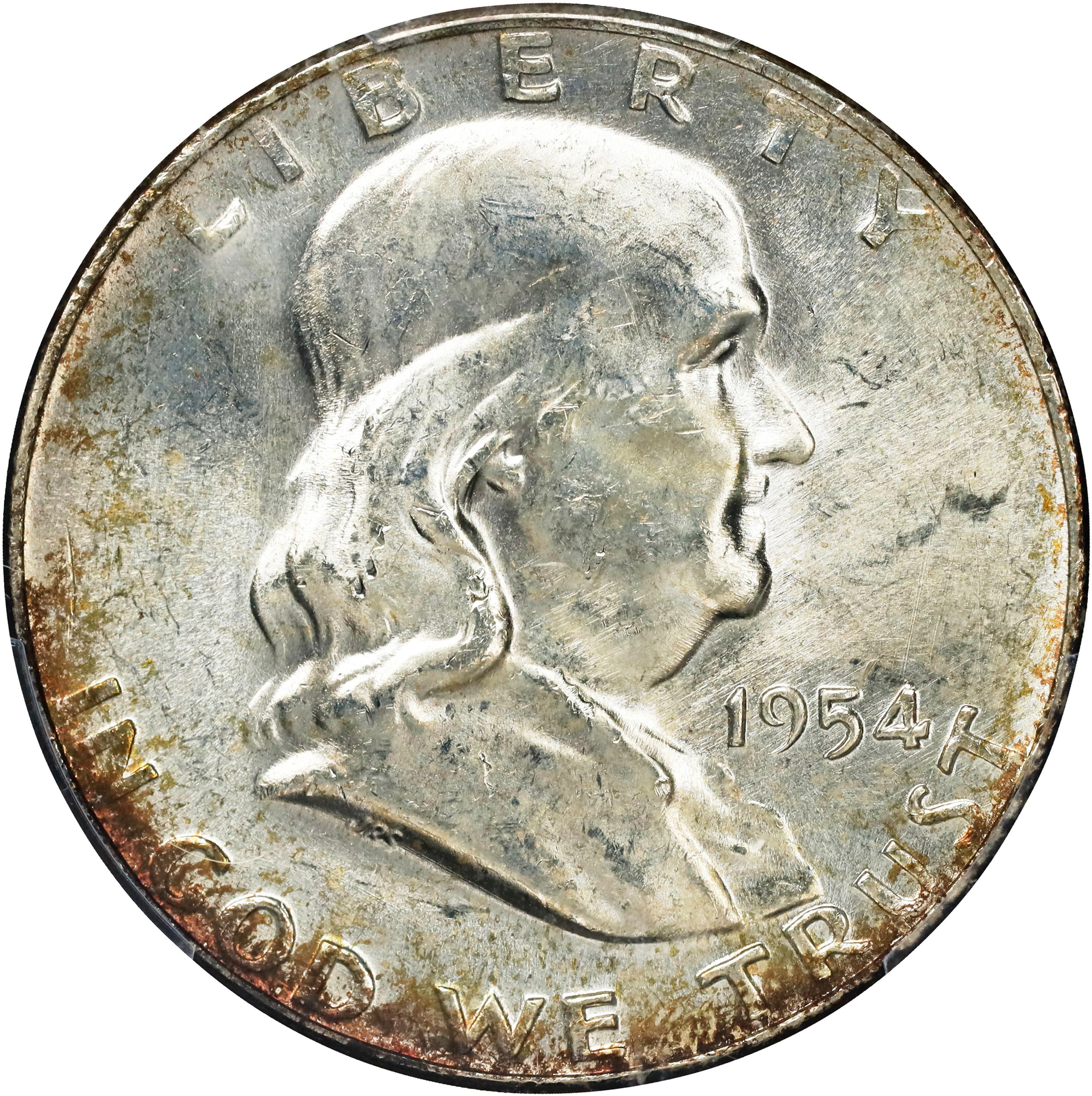 1954 Franklin Half Dollar. FS-401. Obverse Die Clash, Bugs Bunny.
