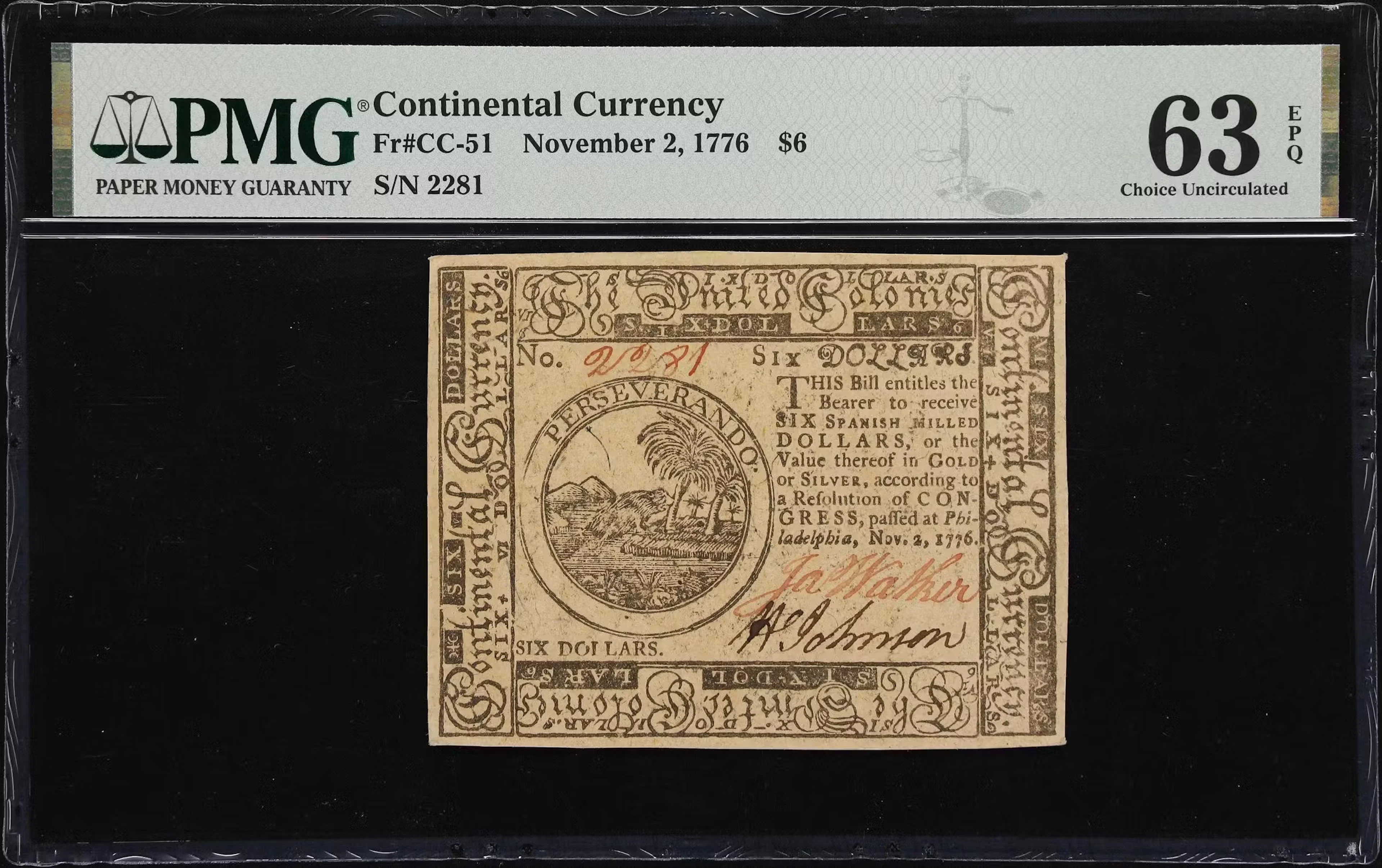 CC-51. Continental Currency. November 2, 1776. $6. PMG Choice Uncirculated
