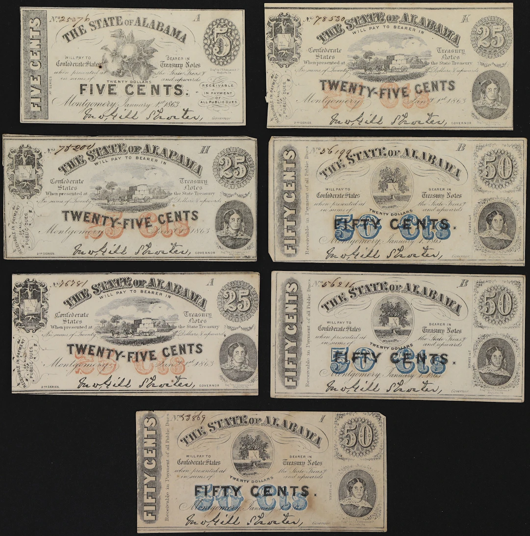 Lot of (7) Montgomery, Alabama. State of Alabama. 1860s Mixed Denominations.