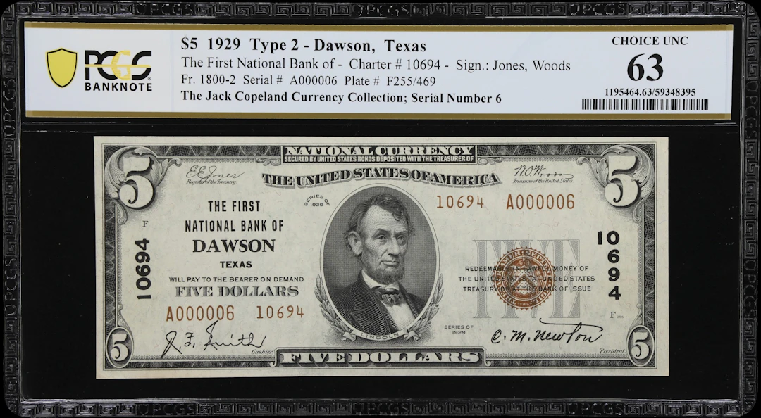 Dawson, Texas. $5 1929 Ty. 2. Fr. 1800-2. First NB. Charter #10694.