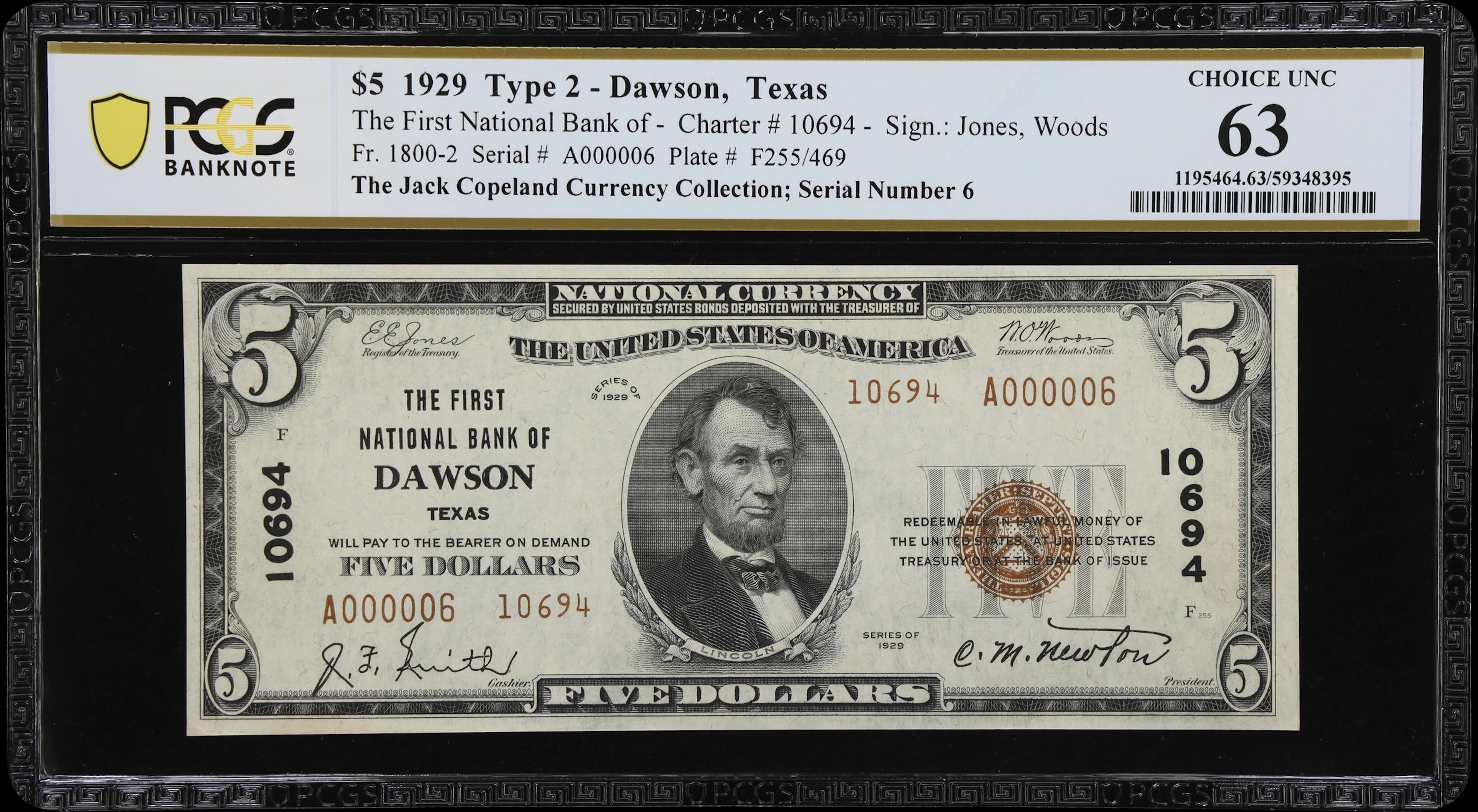 Dawson, Texas. $5 1929 Ty. 2. Fr. 1800-2. First NB. Charter #10694.