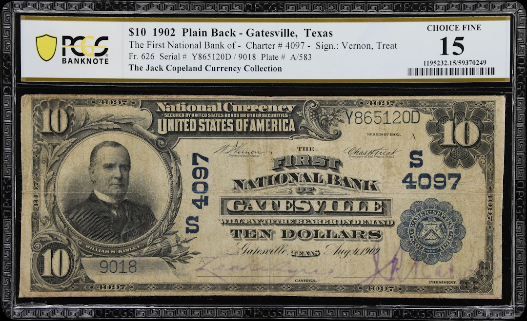 Gatesville, Texas. $10 1902 Plain Back. Fr. 626. First NB. Charter