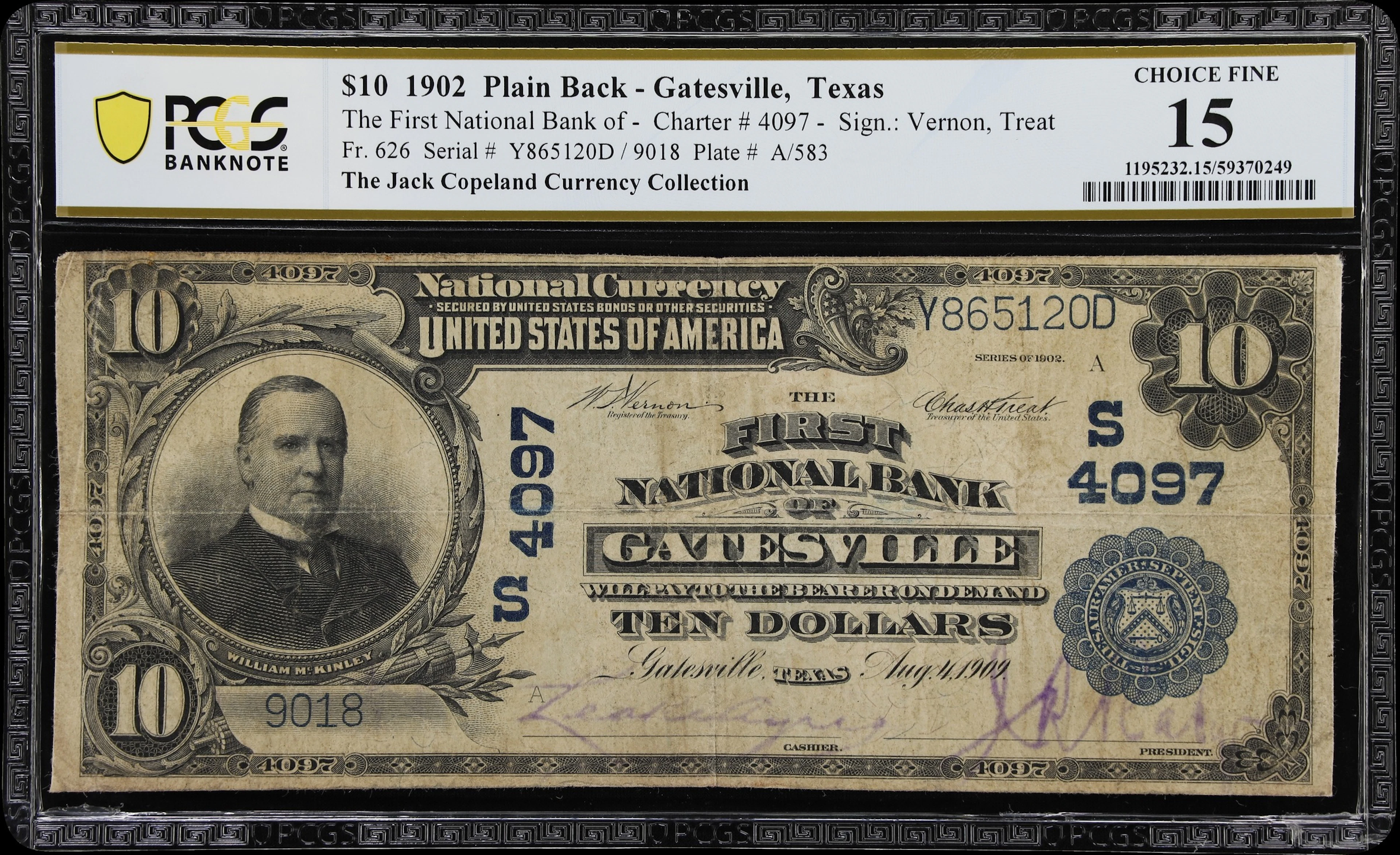 Gatesville, Texas. $10 1902 Plain Back. Fr. 626. First NB. Charter