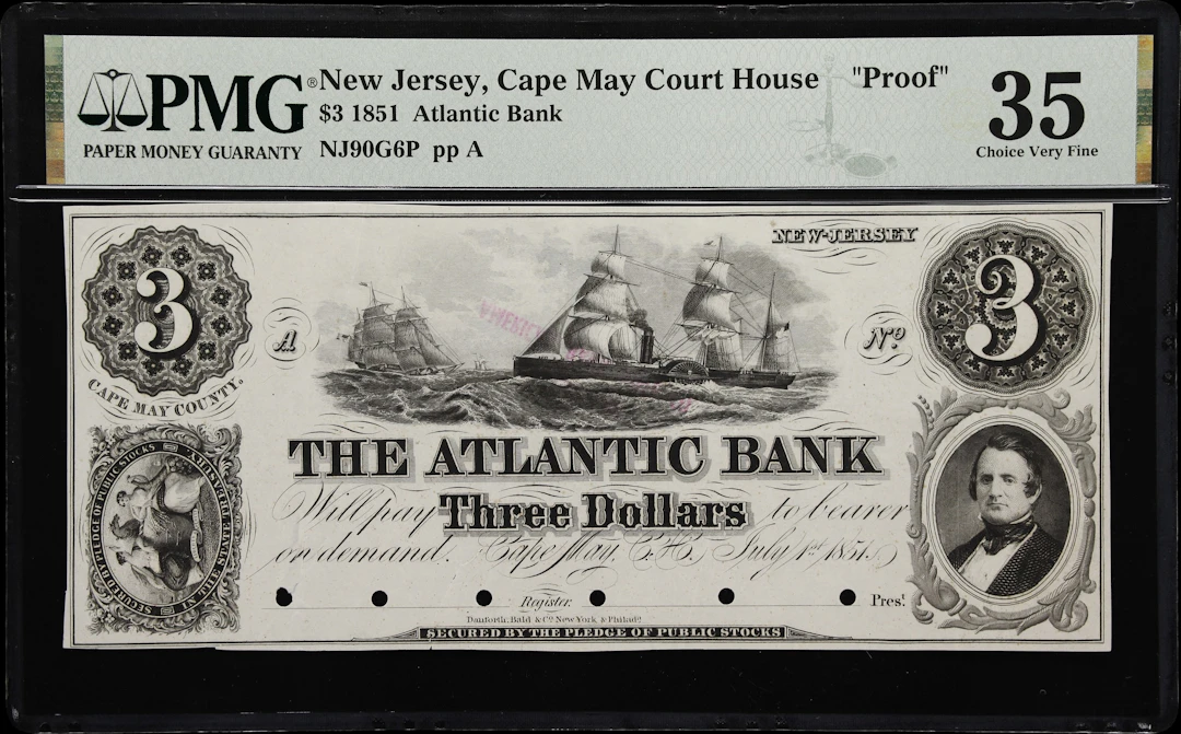 Cape May Court House, New Jersey. Atlantic Bank. 1851 $3. PMG Choice