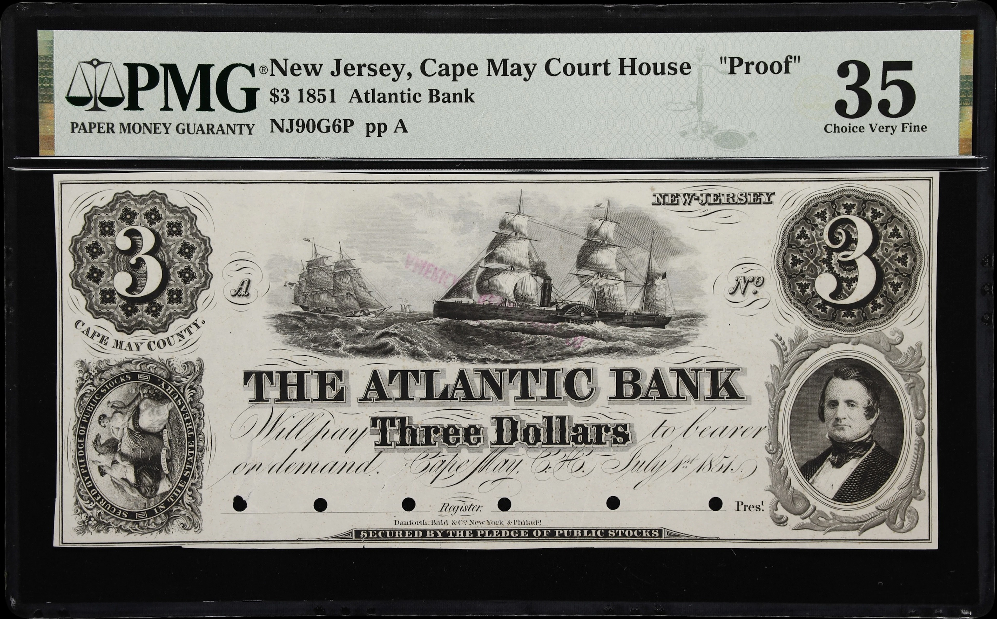 Cape May Court House, New Jersey. Atlantic Bank. 1851 $3. PMG Choice