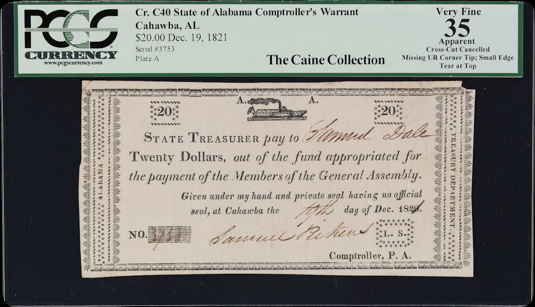 Cahawba, Alabama. State of Alabama. Comptroller's Warrant. 1821 $20.