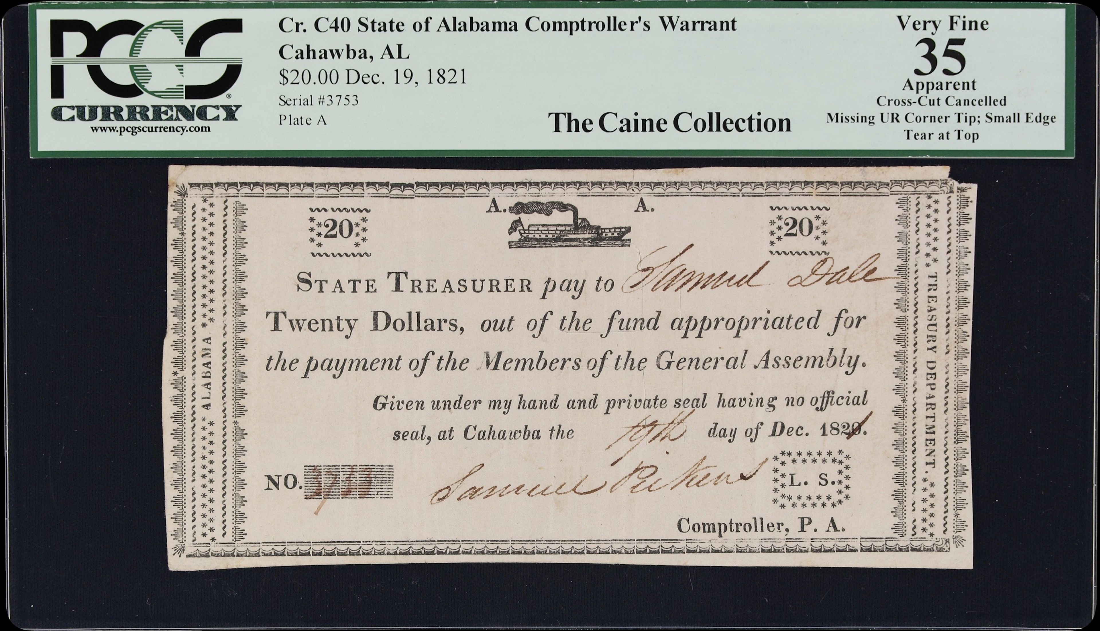 Cahawba, Alabama. State of Alabama. Comptroller's Warrant. 1821 $20.