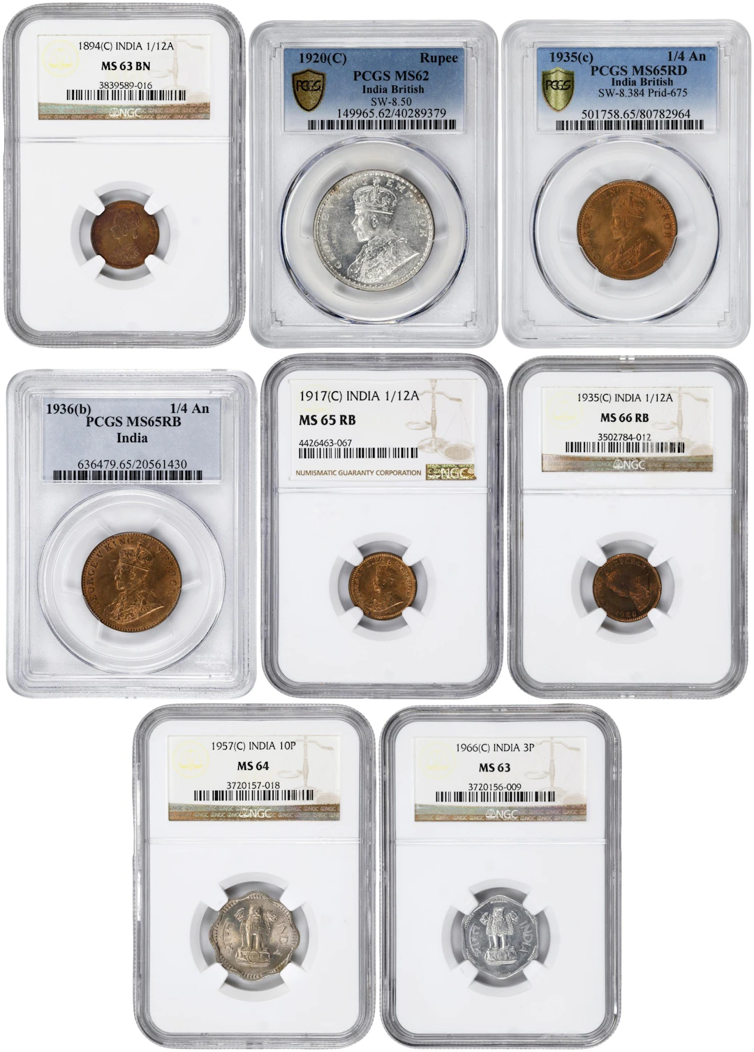 INDIA. Octet of Mixed Denominations (8 Pieces), 1894-1966. All NGC