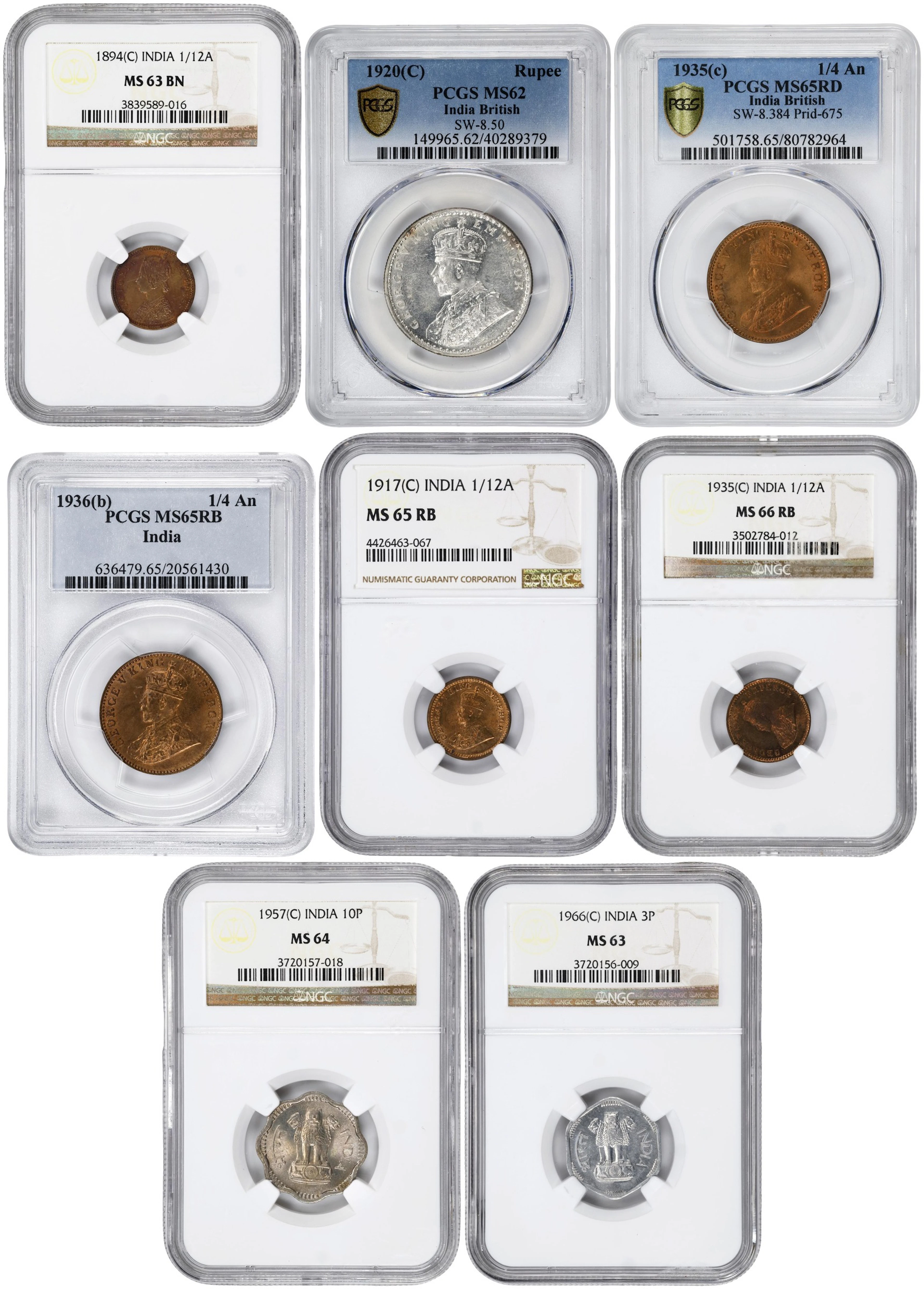 INDIA. Octet of Mixed Denominations (8 Pieces), 1894-1966. All NGC