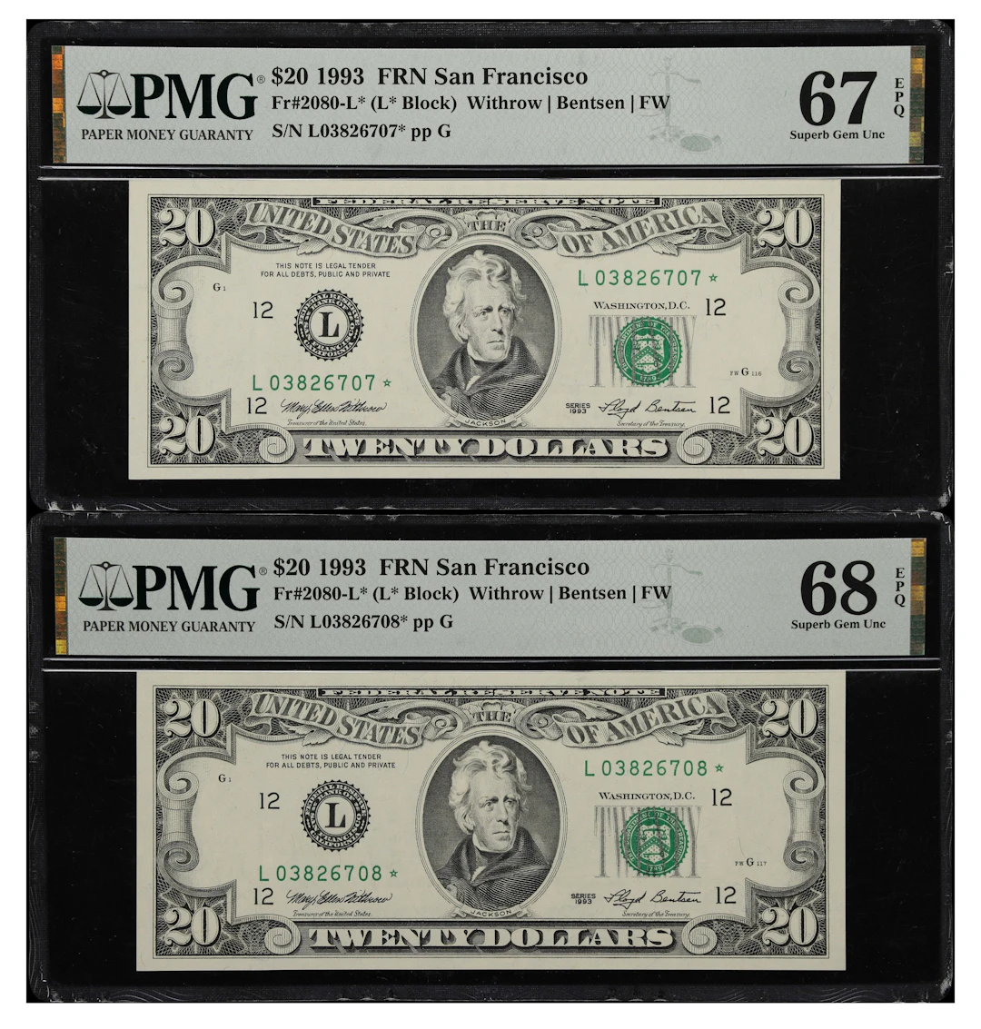 Lot of (2) Fr. 2080-L*. 1993 $20 Federal Reserve Star Notes. San Francisco.