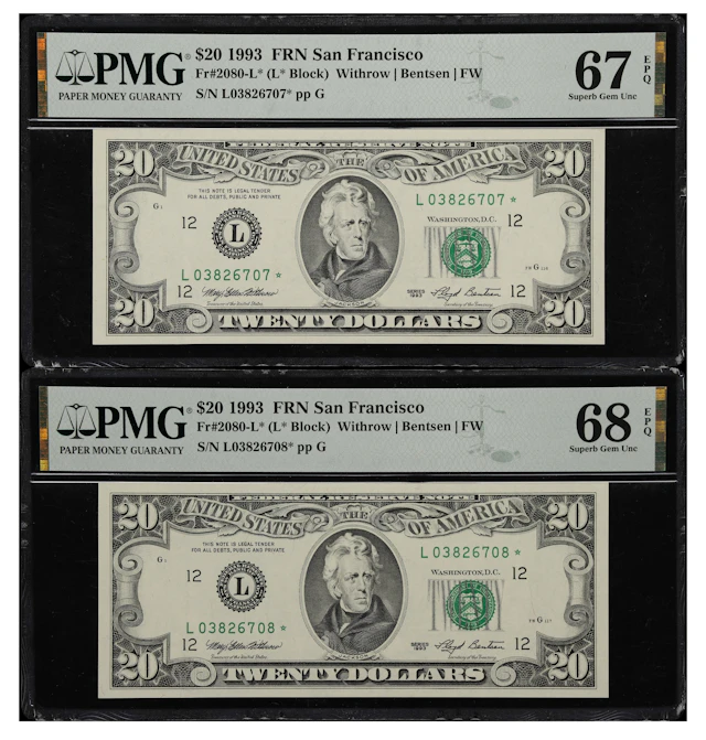 Lot of (2) Fr. 2080-L*. 1993 $20 Federal Reserve Star Notes. San Francisco.