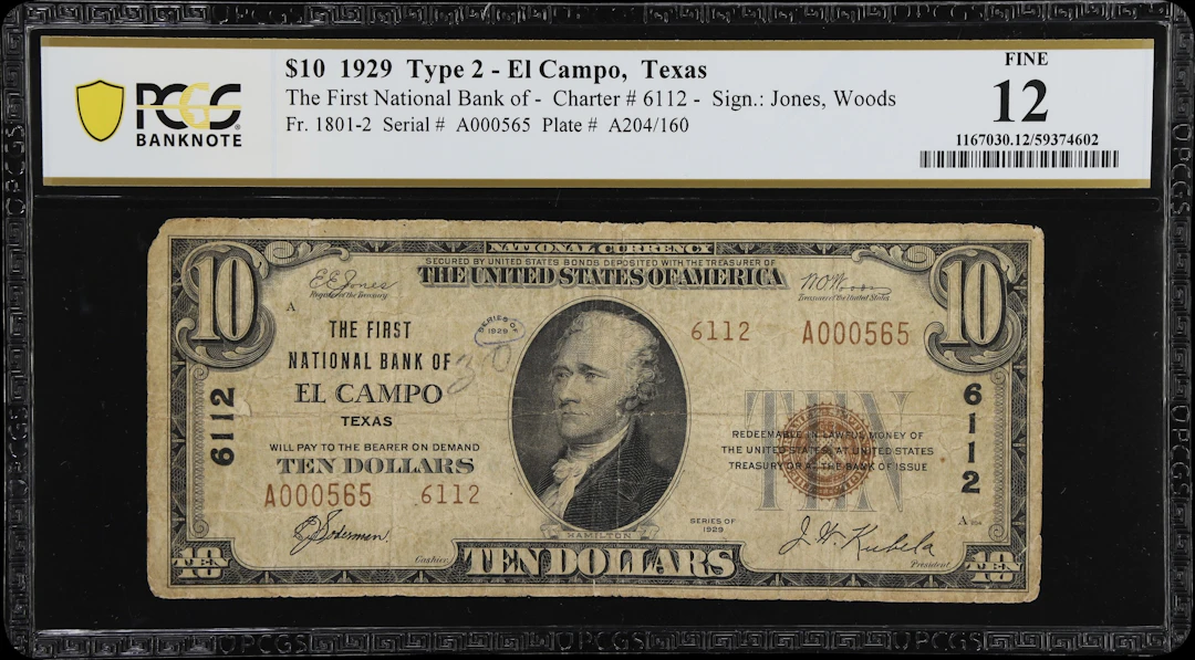 El Campo, Texas. $10 1929 Ty. 2. Fr. 1801-2. First NB. Charter #6112.