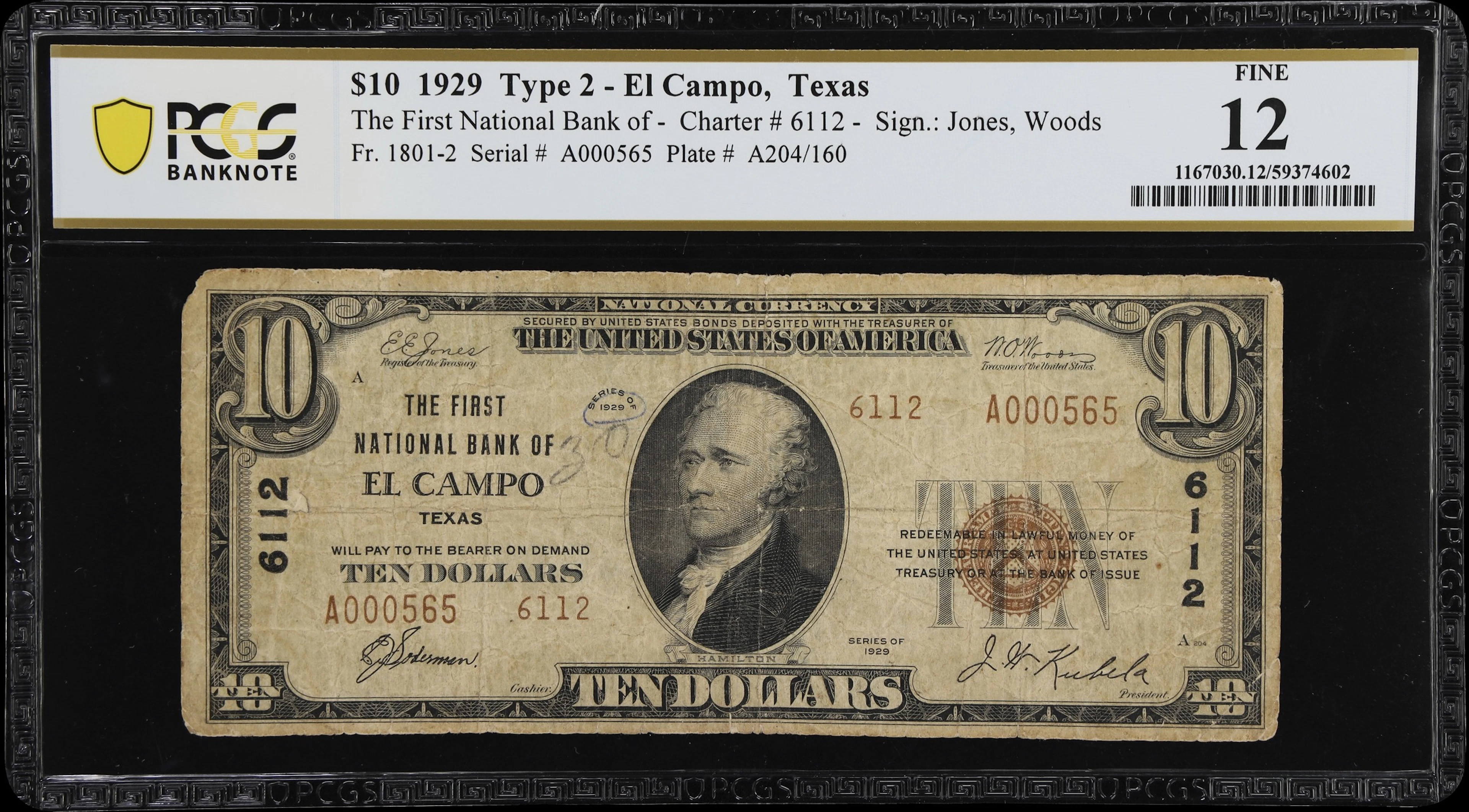 El Campo, Texas. $10 1929 Ty. 2. Fr. 1801-2. First NB. Charter #6112.