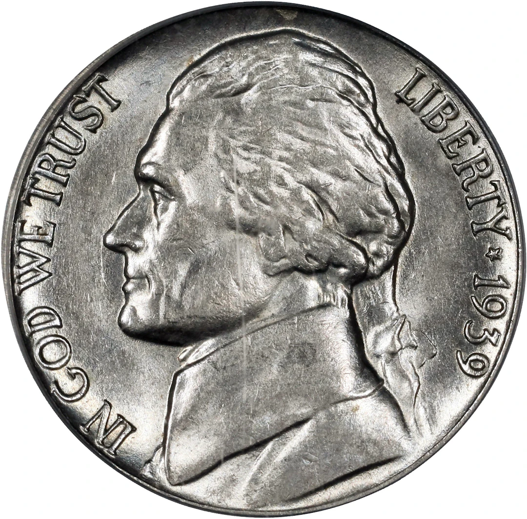1939 Jefferson Nickel. Reverse of 1940. FS-801. Doubled Die Reverse