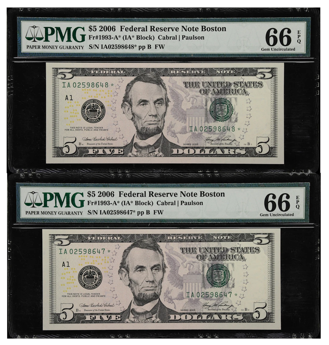 Lot of (2) Fr. 1993-A*. 2006 $5 Federal Reserve Star Notes. Boston.