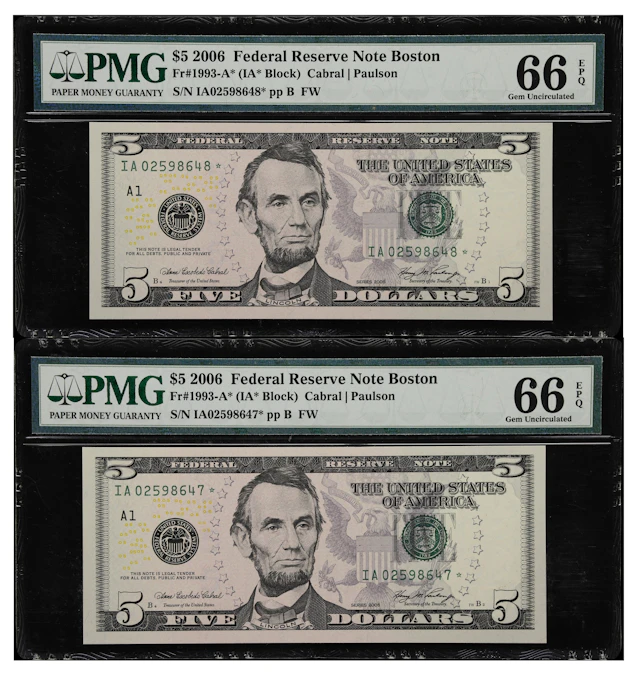 Lot of (2) Fr. 1993-A*. 2006 $5 Federal Reserve Star Notes. Boston.
