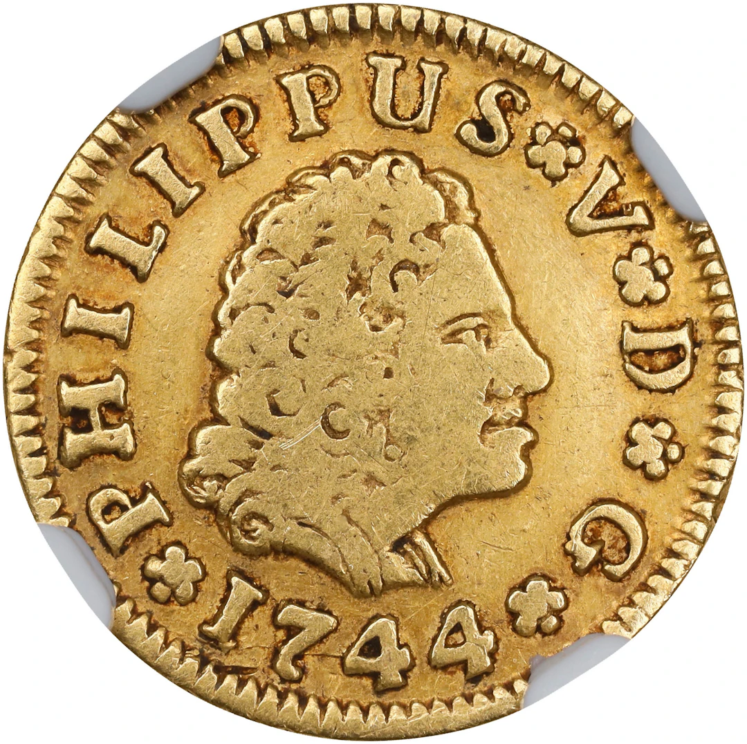 SPAIN. 1/2 Escudo, 1744-S PJ. Seville Mint. Philip V. NGC VF Details--Bent.