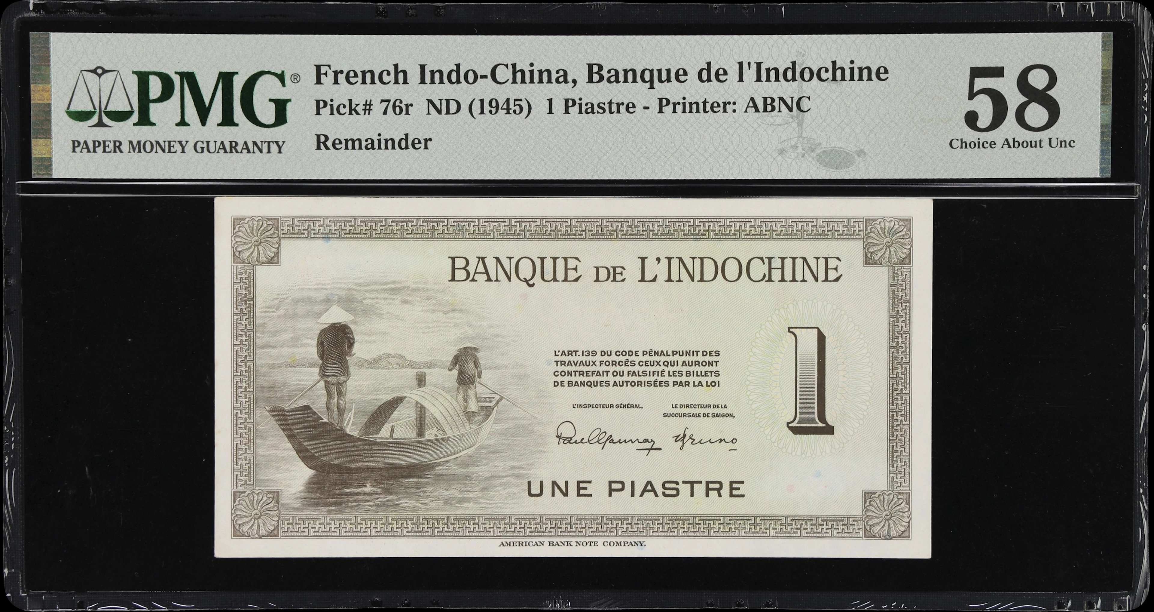 FRENCH INDO-CHINA. Banque de l'Indochine. 1 Piastre, ND (1945). P-76r.