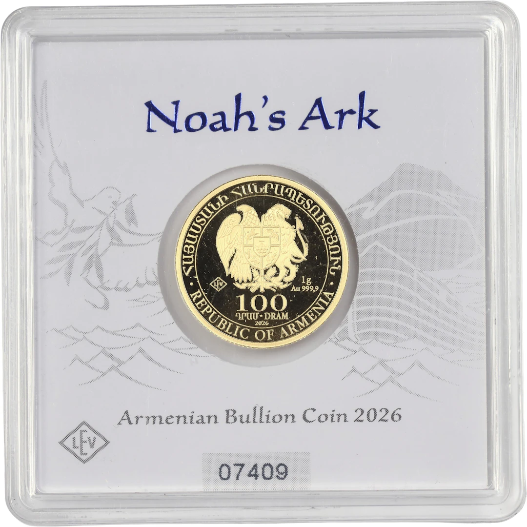 (0.032 oz, 1 g AGW). Armenia. 2026 Noah's Ark 1 gram Gold 100 Dram.