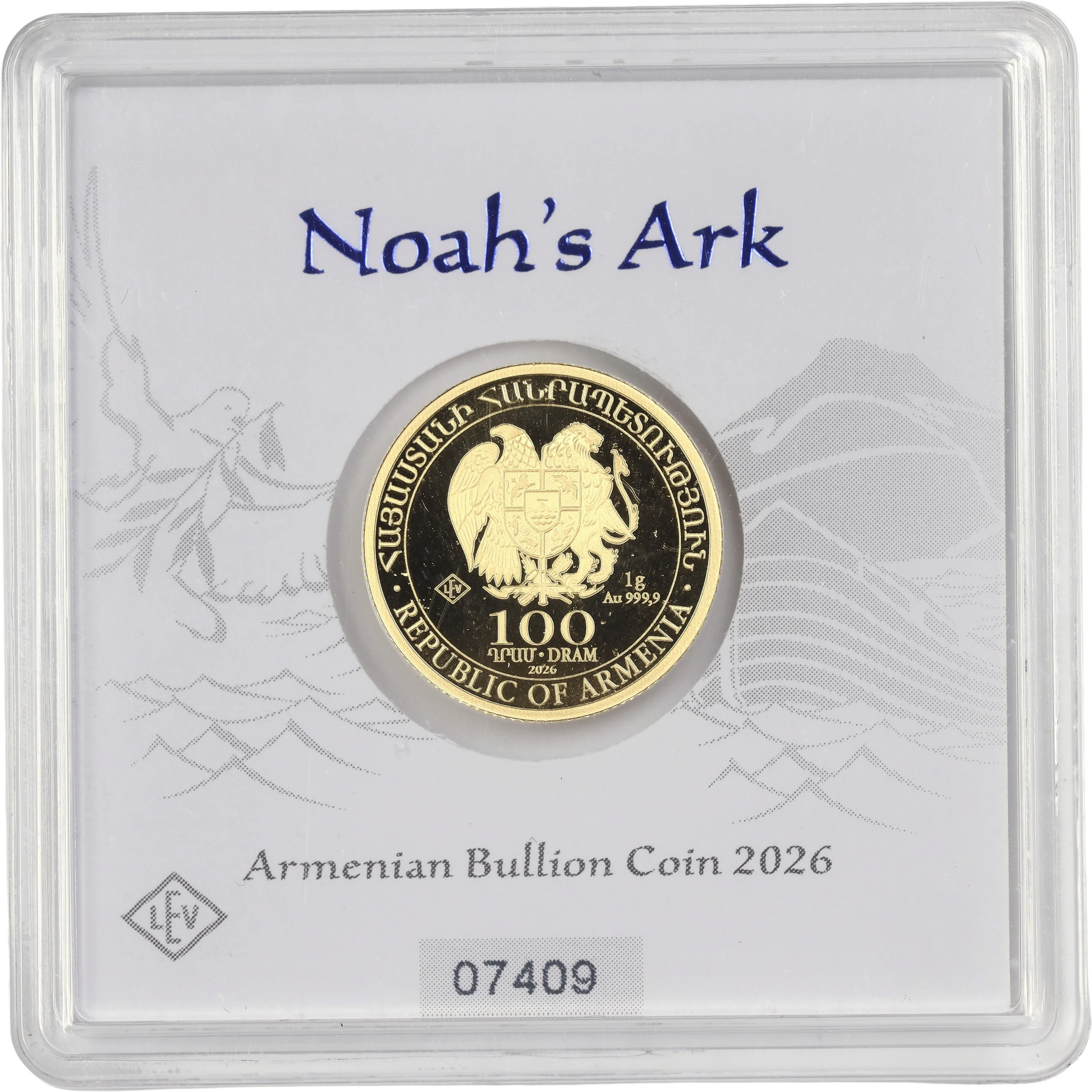 (0.032 oz, 1 g AGW). Armenia. 2026 Noah's Ark 1 gram Gold 100 Dram.