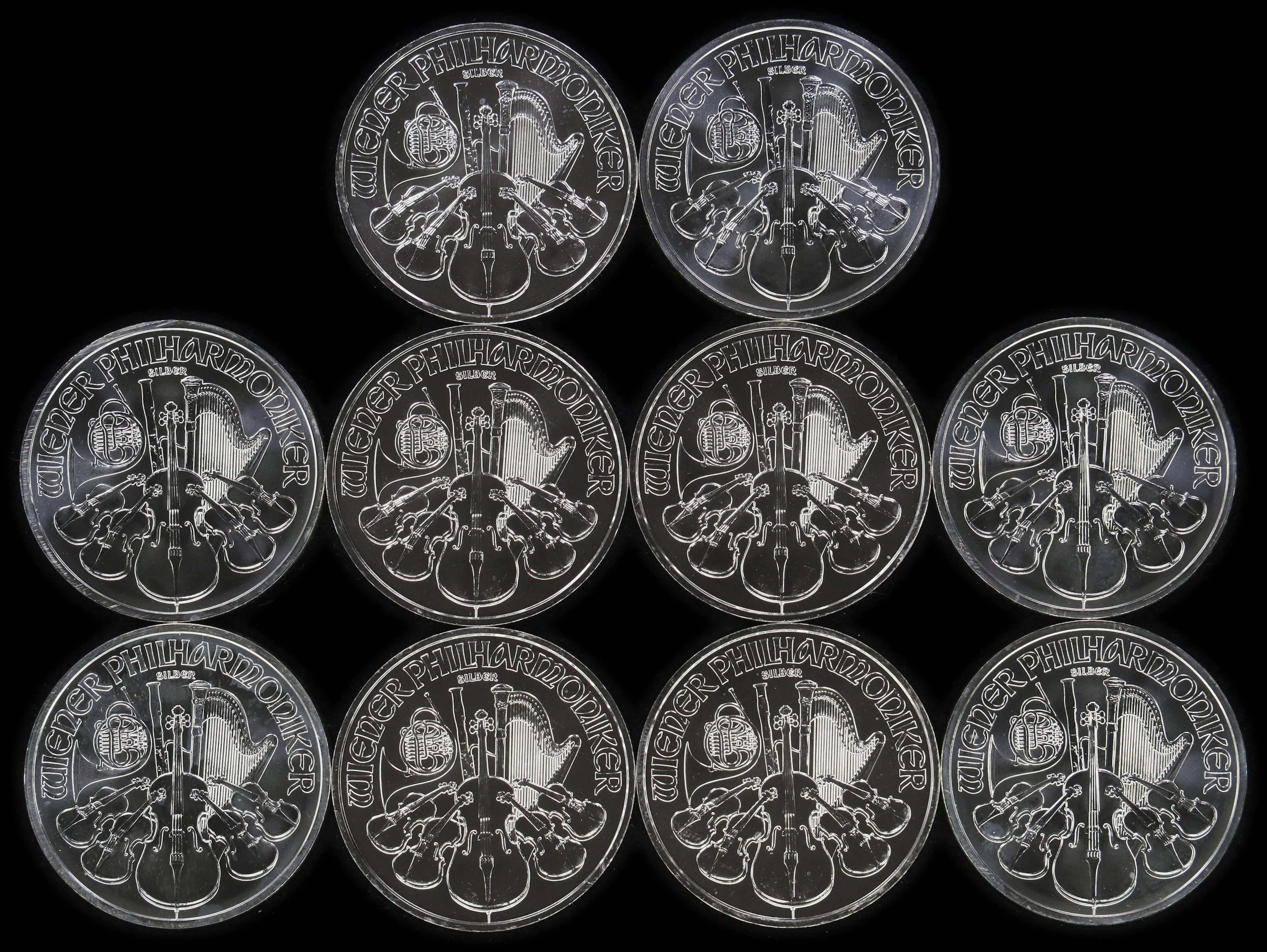 (10 oz, 311.04 g ASW). Austria. Lot of (10) Mixed Date 1 oz Silver