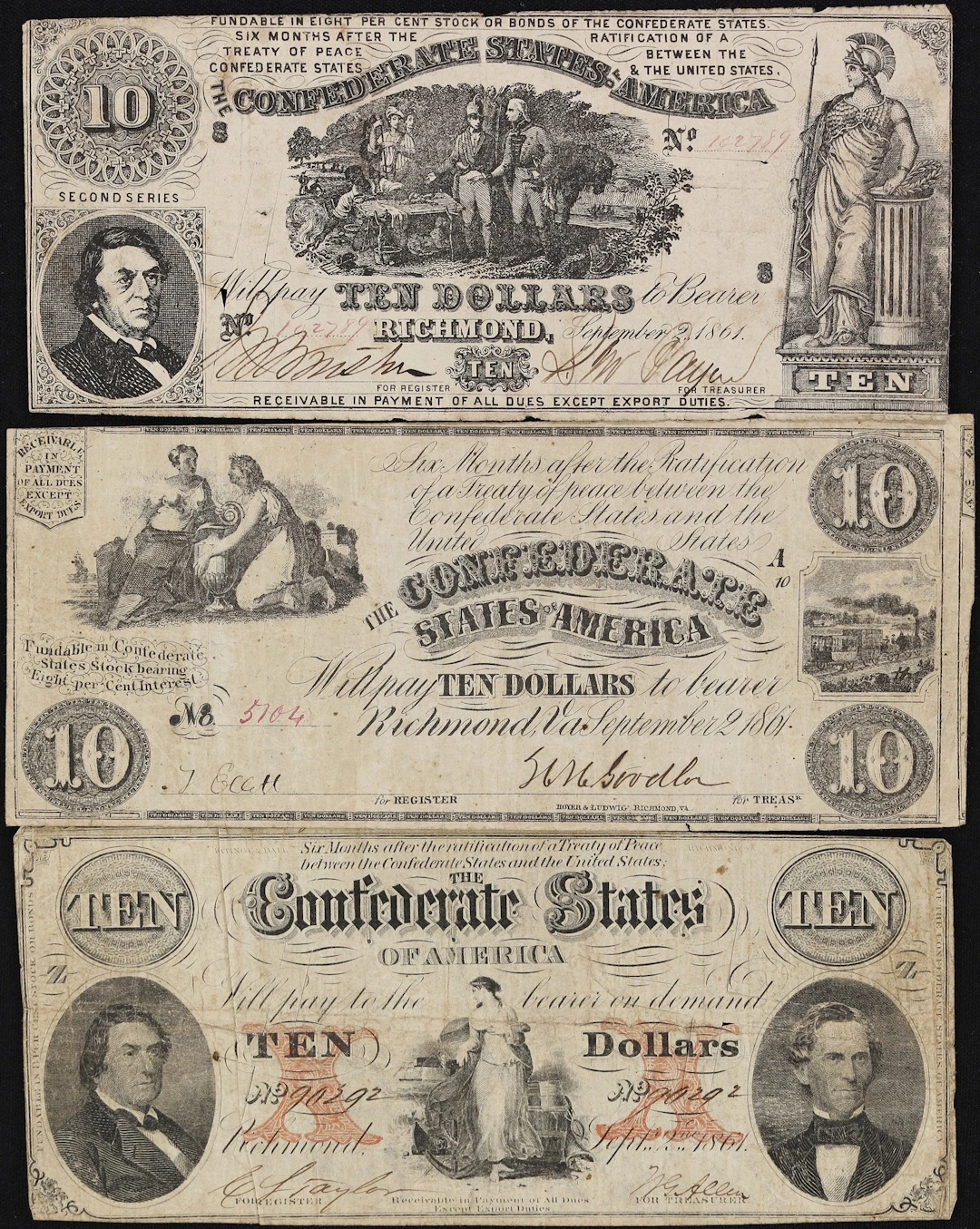 Lot of (3) T-26, T28, & T-30. Confederate Currency. 1861 $10. Fine