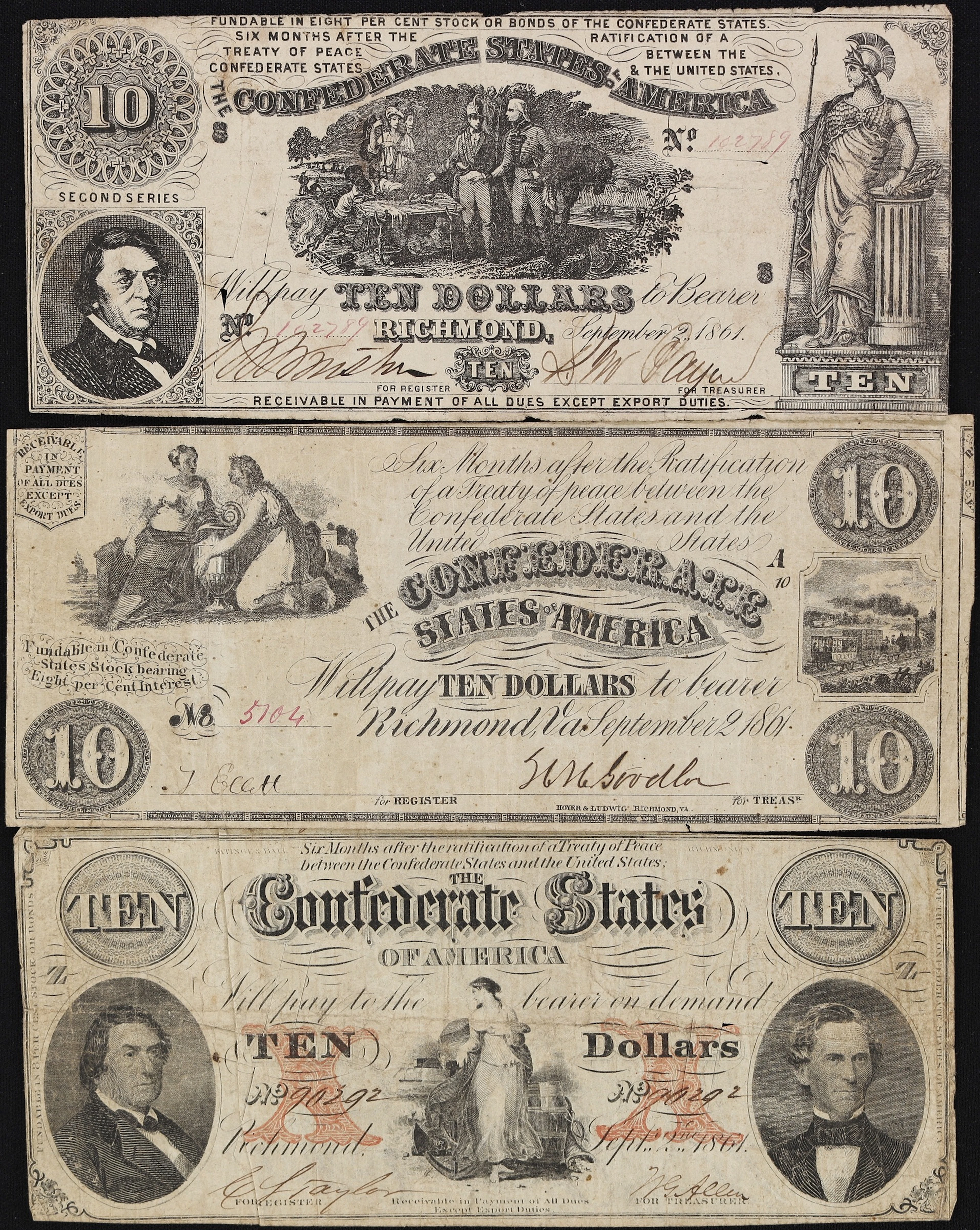 Lot of (3) T-26, T28, & T-30. Confederate Currency. 1861 $10. Fine
