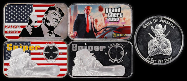 (5 oz, 155.52 g ASW). Lot of (5) Assorted Design 1 oz Silver Bars and Round.