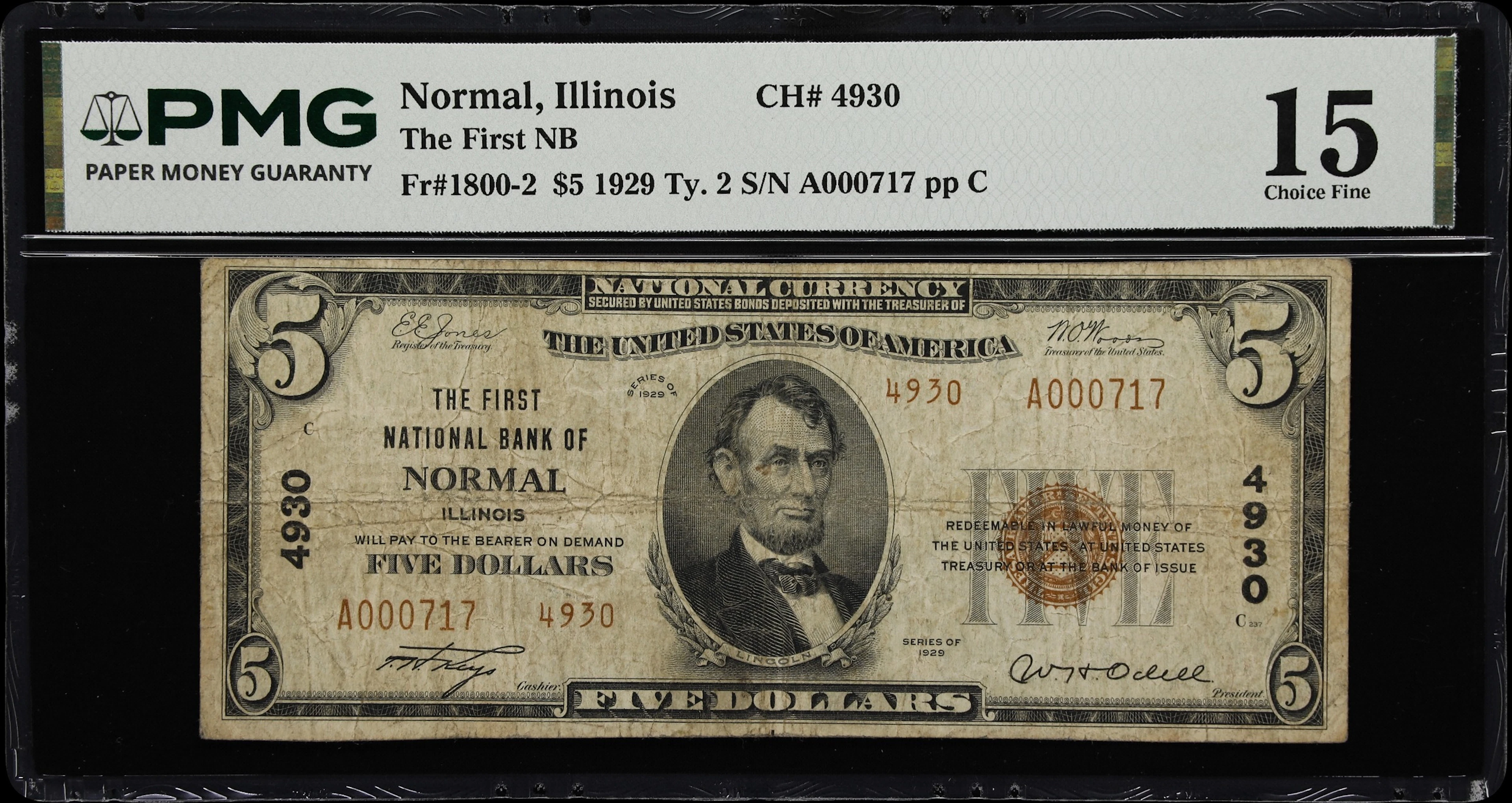 Normal, Illinois. $5 1929 Ty. 2. Fr. 1800-2. First NB. Charter #4930.