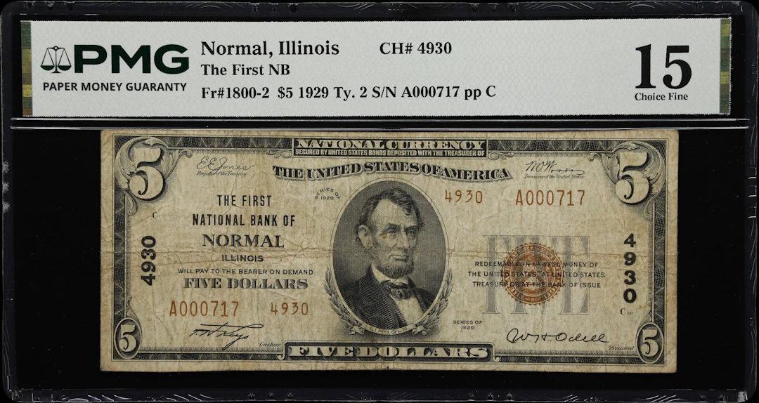 Normal, Illinois. $5 1929 Ty. 2. Fr. 1800-2. First NB. Charter #4930.