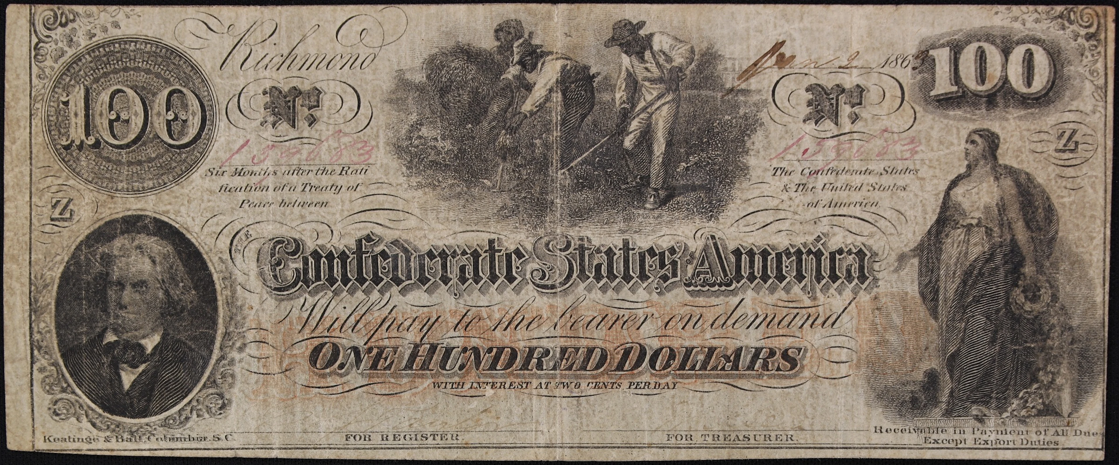 T-41. Confederate Currency. 1863 $100. Very Good to Fine. Penned Military