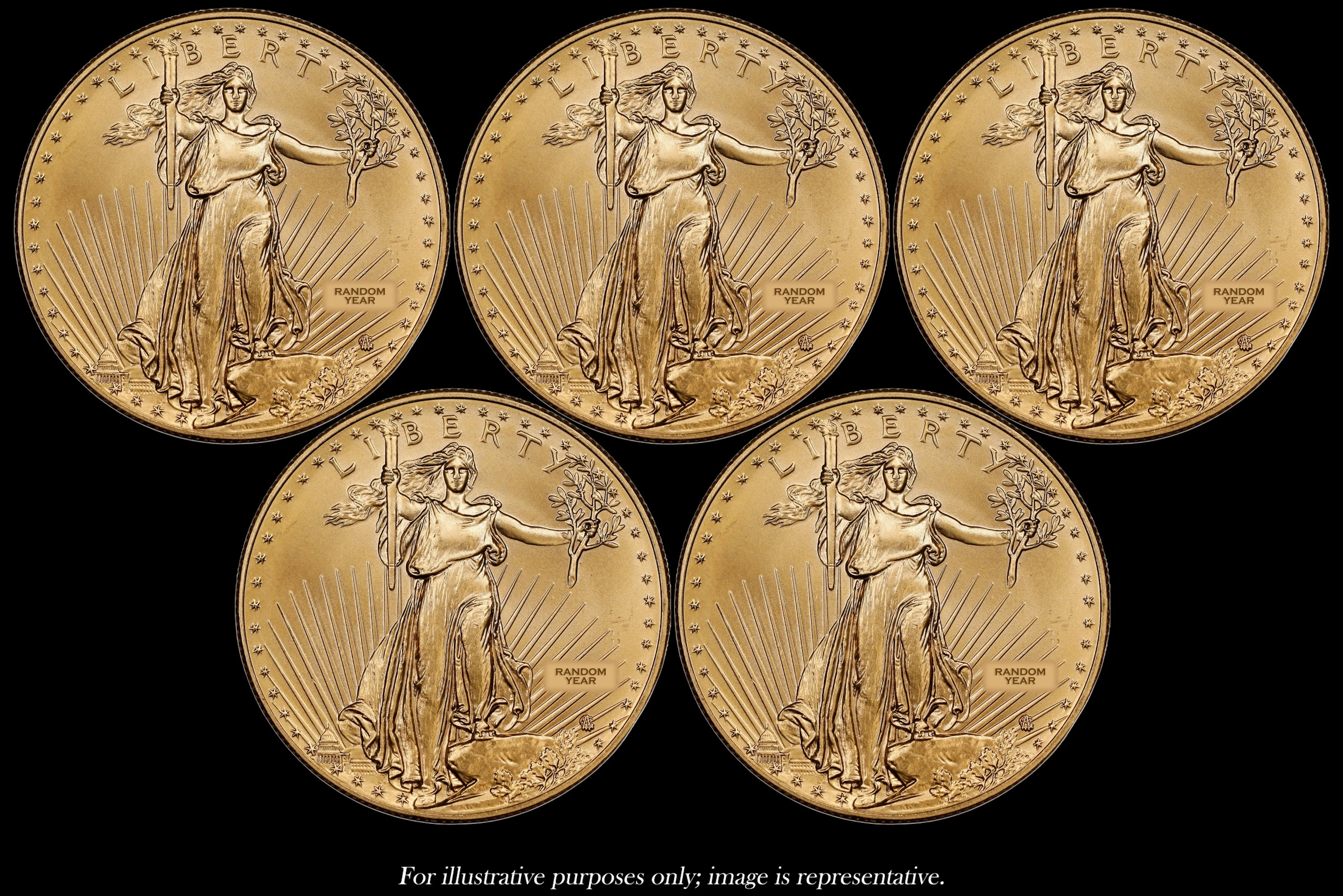 (5 oz, 155.52 g AGW). Lot of (5) American Gold Eagle $50.