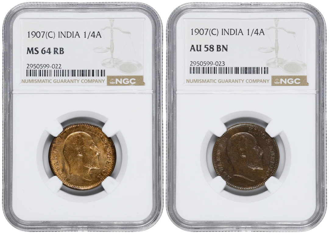 INDIA. Duo of 1/4 Annas (2 Pieces), 1907-(C). Calcutta Mint. Edward