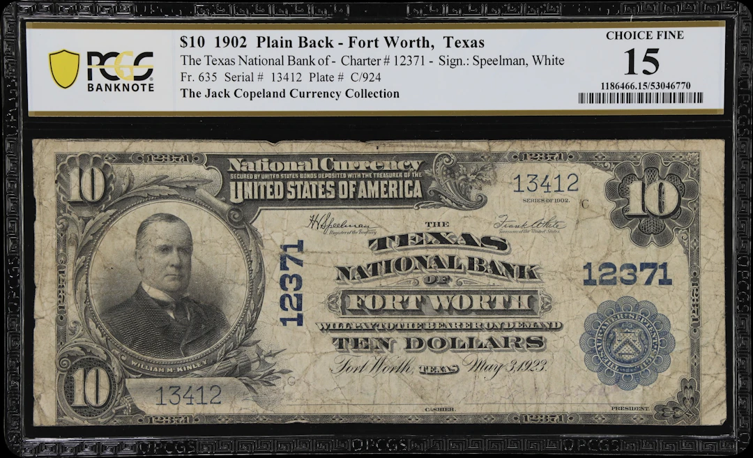 Fort Worth, Texas. $10 1902 Plain Back. Fr. 635. Texas NB. Charter