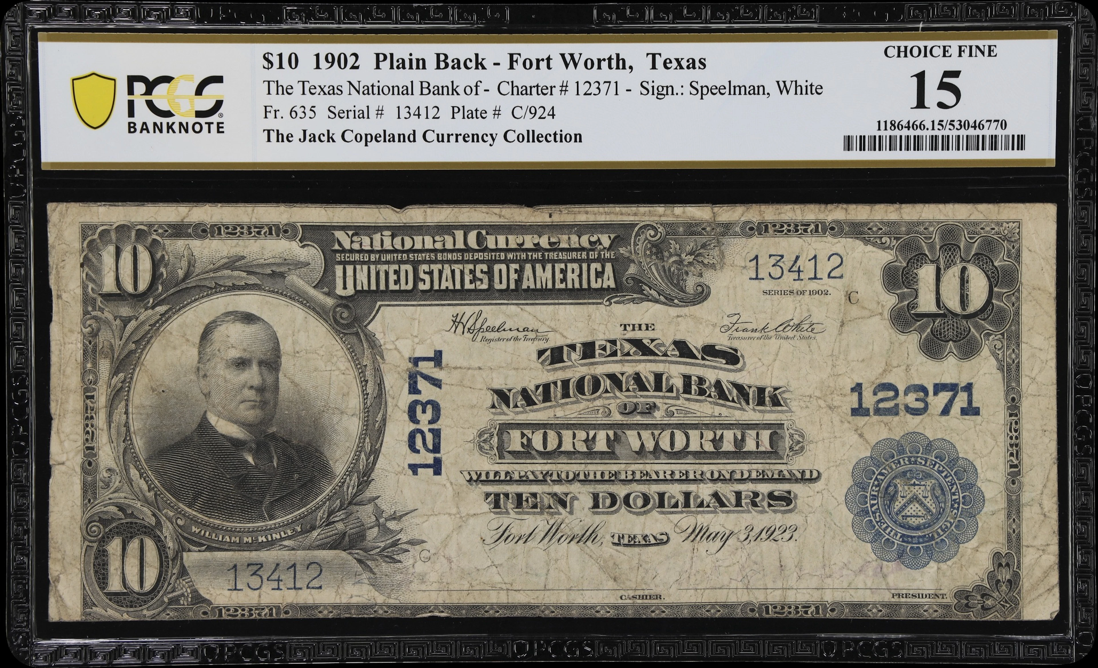 Fort Worth, Texas. $10 1902 Plain Back. Fr. 635. Texas NB. Charter