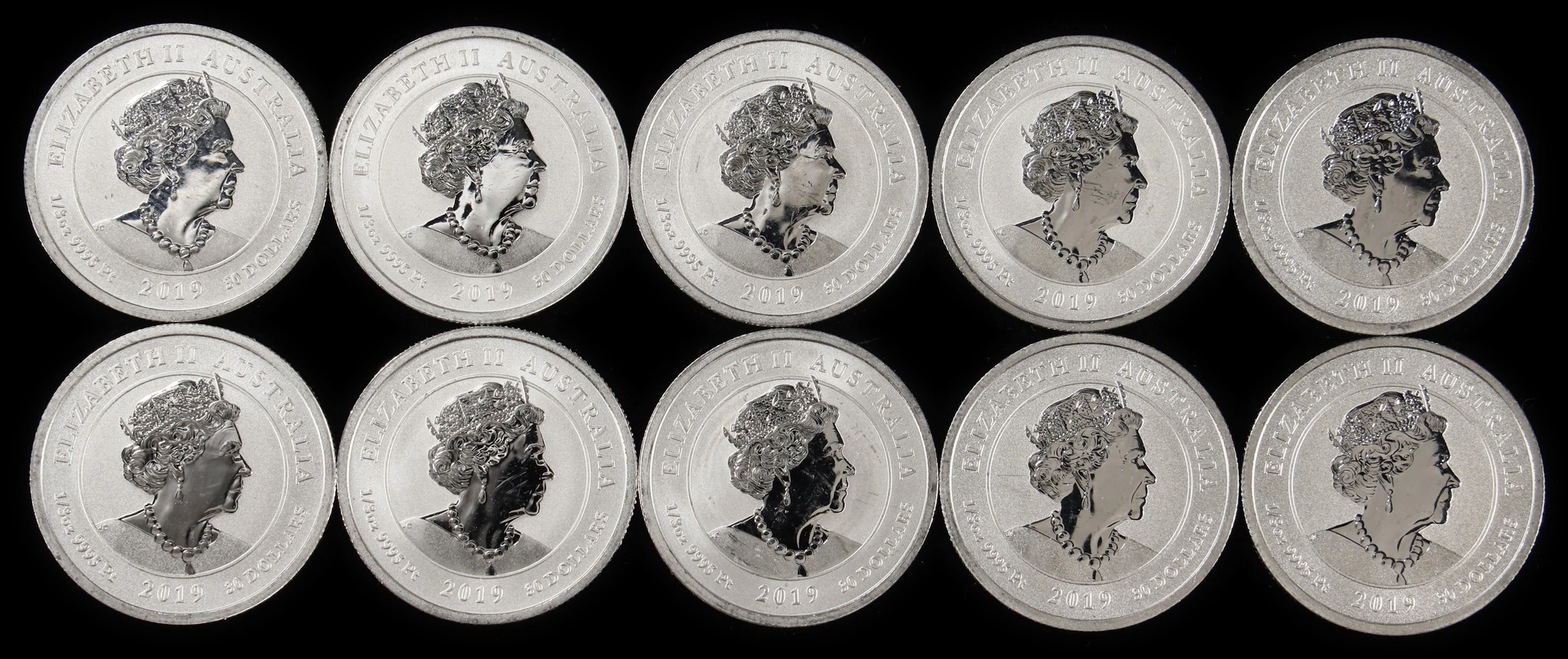 (3.333 oz, 103.68 g APtW). Australia. Lot of (10) 2019 Humpback Whale