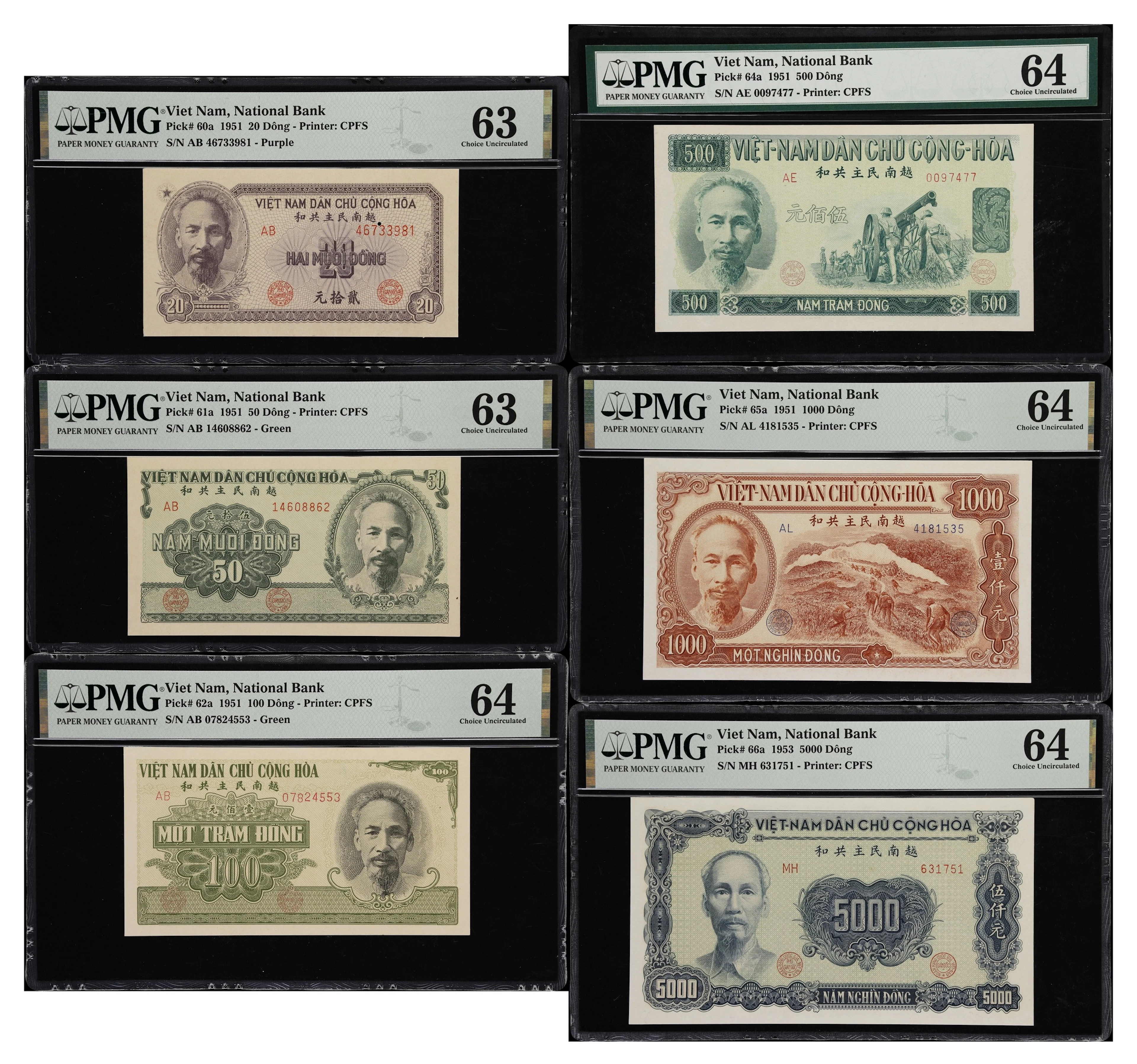 VIETNAM. Lot of (6). National Bank of Vietnam. 20, 50, 100, 500, 1000