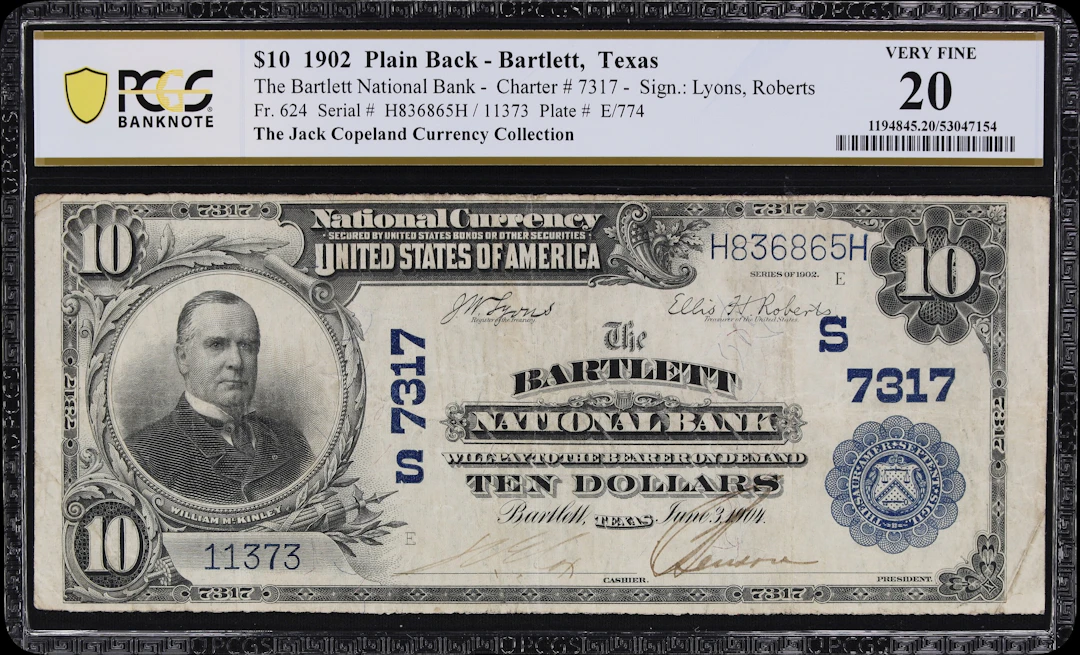 Bartlett, Texas. $10 1902 Plain Back. Fr. 624. Bartlett NB. Charter