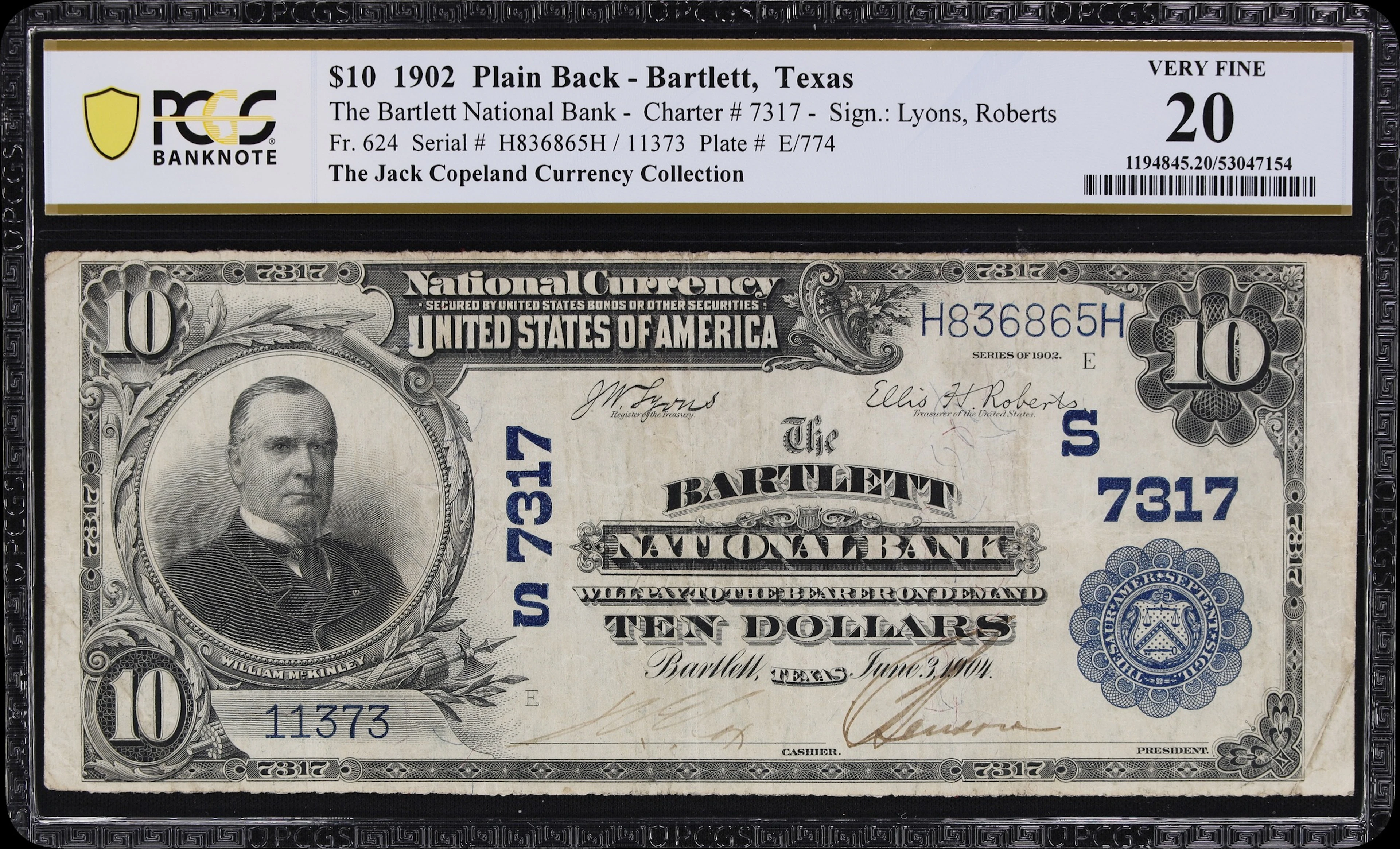 Bartlett, Texas. $10 1902 Plain Back. Fr. 624. Bartlett NB. Charter