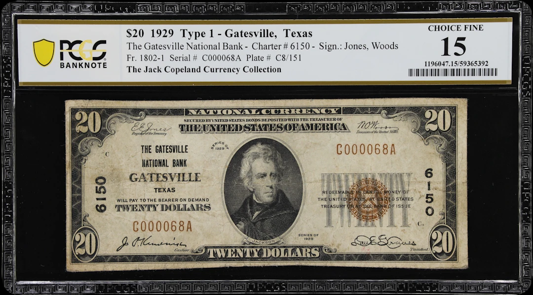 Gatesville, Texas. $20 1929 Ty. 1. Fr. 1802-1. Gatesville NB. Charter