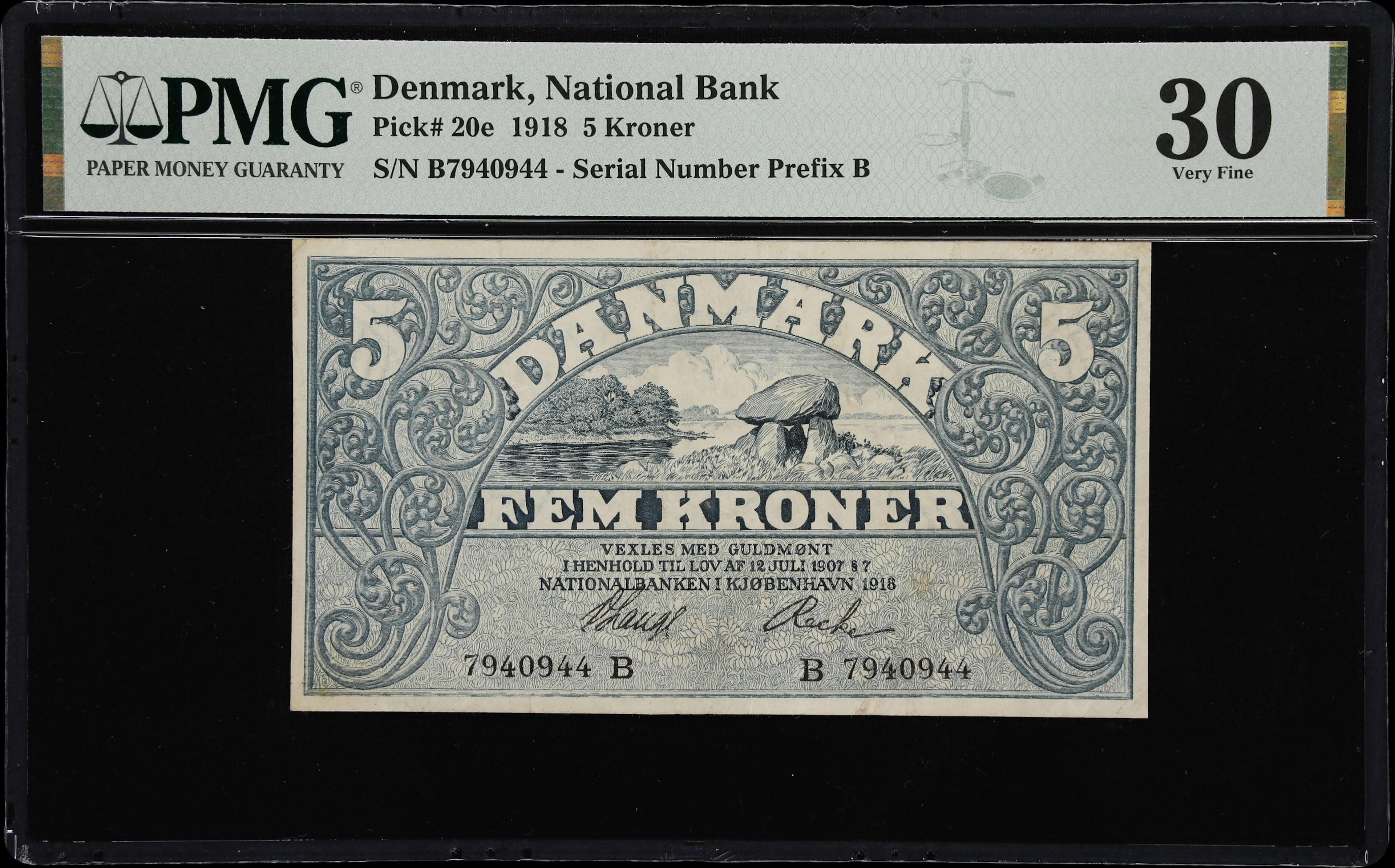 (◊) DENMARK. Nationalbanken i Kjobenhavn. 5 Kroner, 1918. P-20e. Sieg