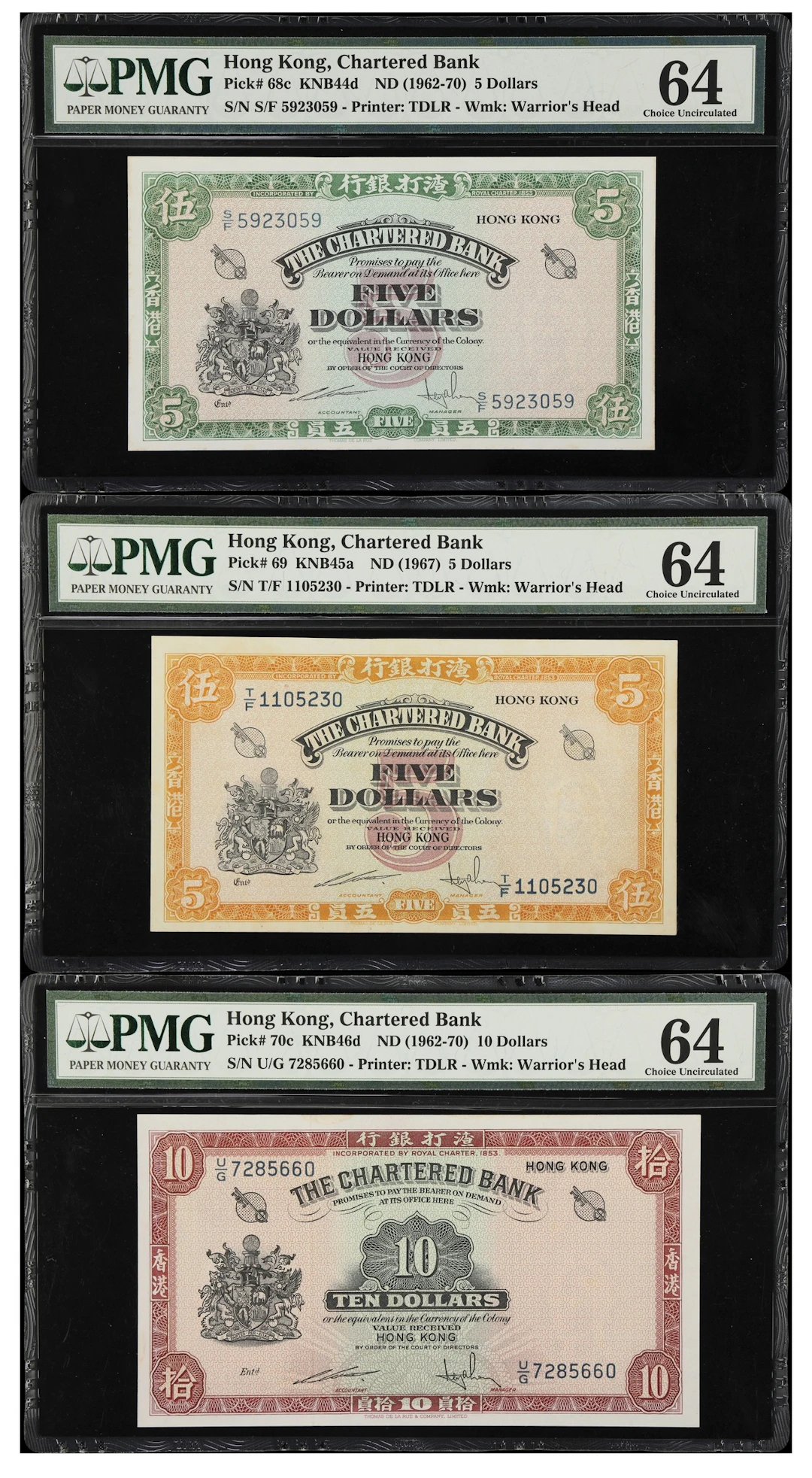 HONG KONG (SAR). Lot of (3). Chartered Bank. 5 & 10 Dollars, ND (1962-70).