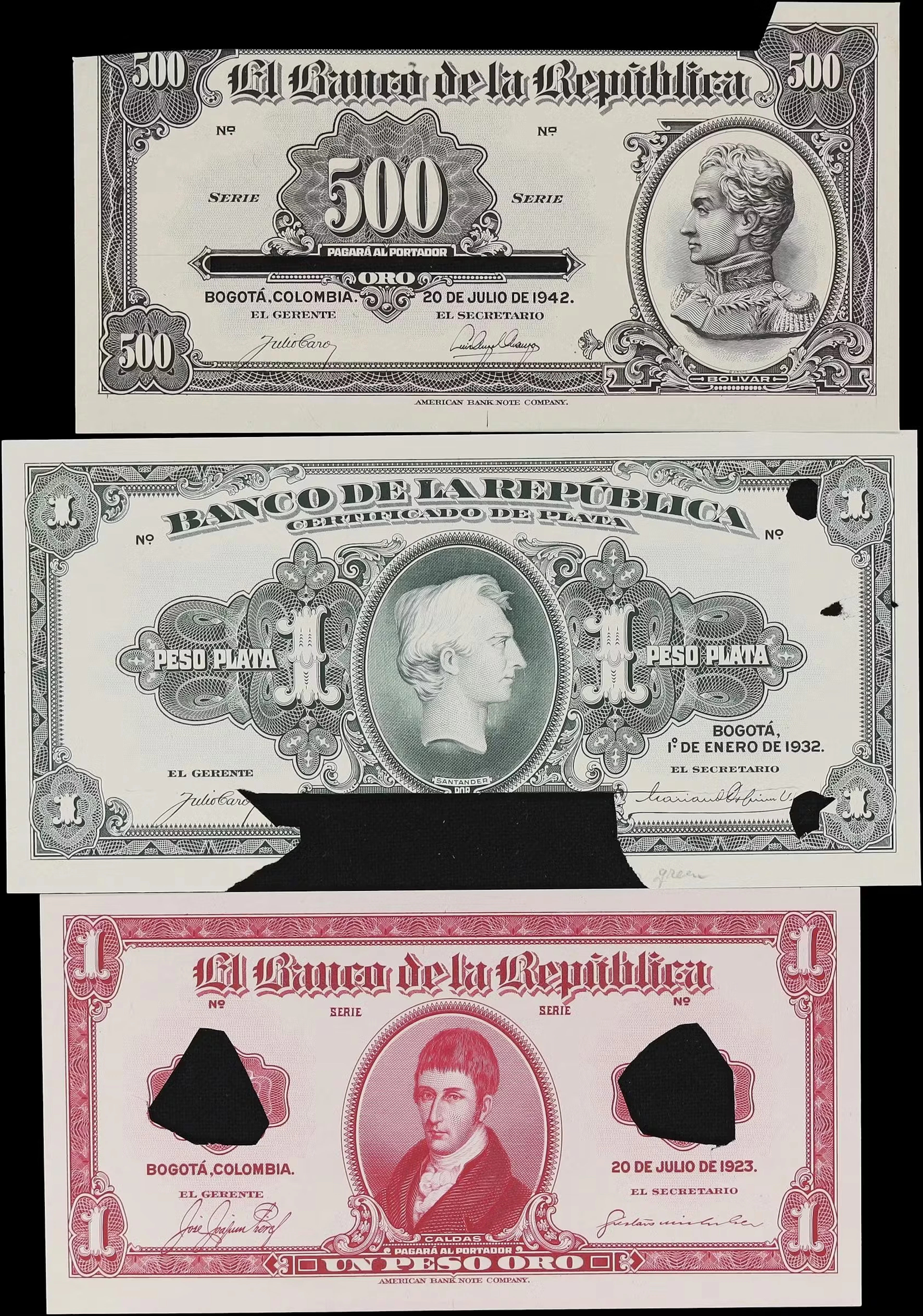 COLOMBIA. Lot of (3). Banco de la Republica. 1 Peso Plata, 1 & 500